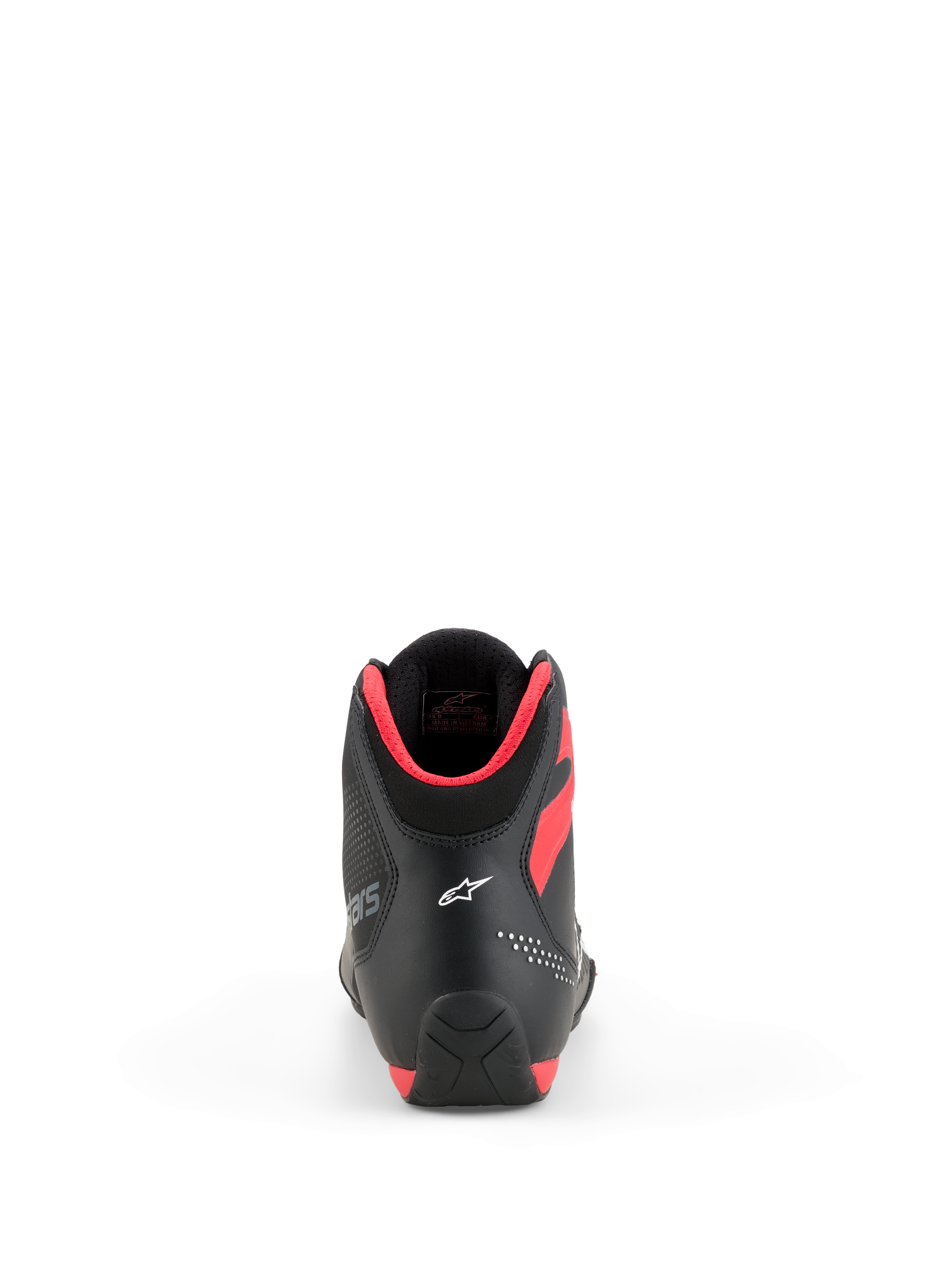 Scarpe Alpinestars Celer, scarpe da moto, nero e rosso acceso, vista posteriore con logo Astar bianco sul tallone e imbottitura del colletto in rosso acceso, design sportivo e performante