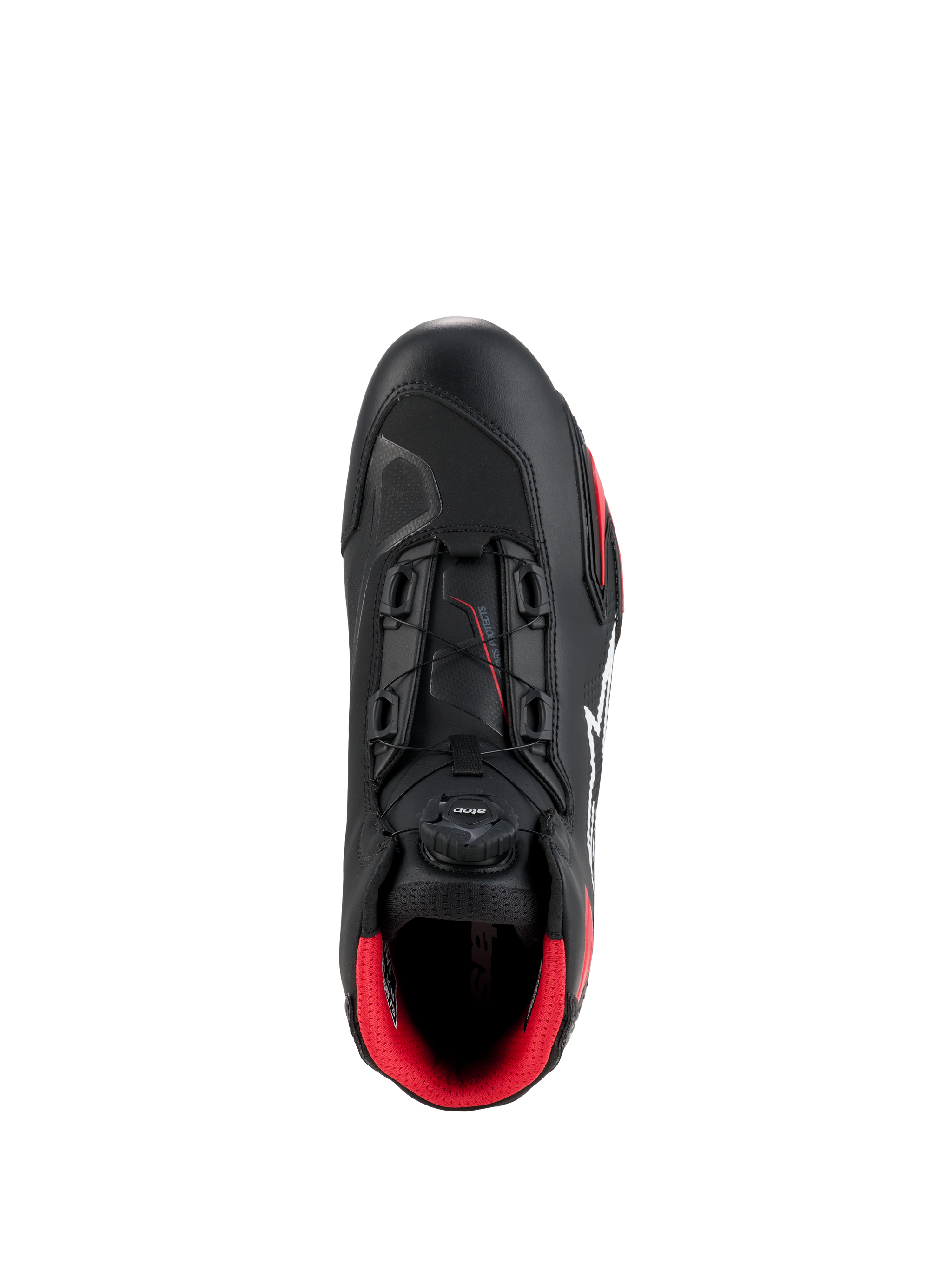 Scarpe Alpinestars Celer, nero e rosso brillante, vista dall'alto che mette in risalto il sistema di chiusura Rotor, costruzione in microfibra tecnica e fodera interna rosso acceso, scarpe da guida motociclistica sportiva