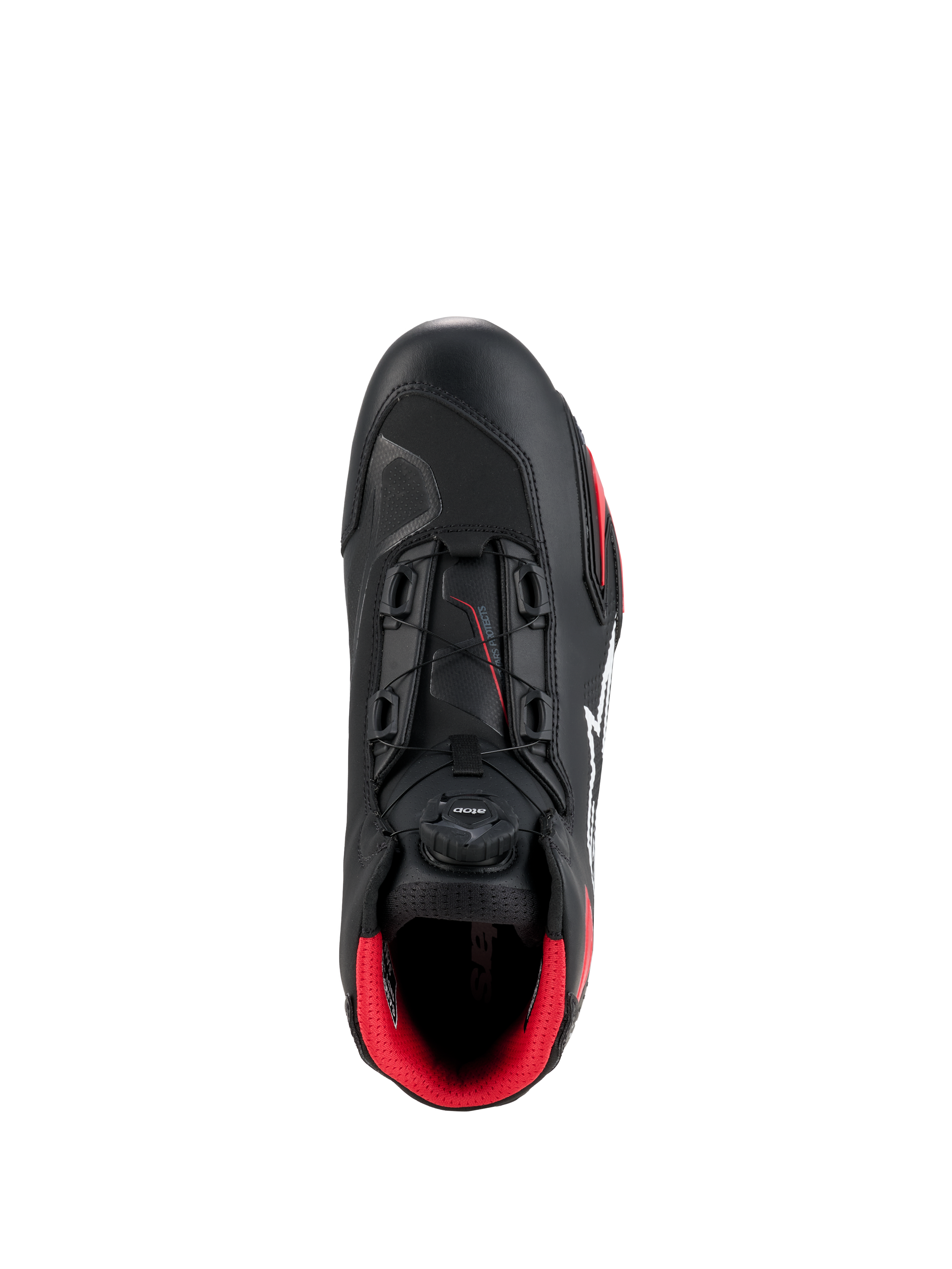Scarpe Alpinestars Celer, nero e rosso brillante, vista dall'alto che mette in risalto il sistema di chiusura Rotor, costruzione in microfibra tecnica e fodera interna rosso acceso, scarpe da guida motociclistica sportiva