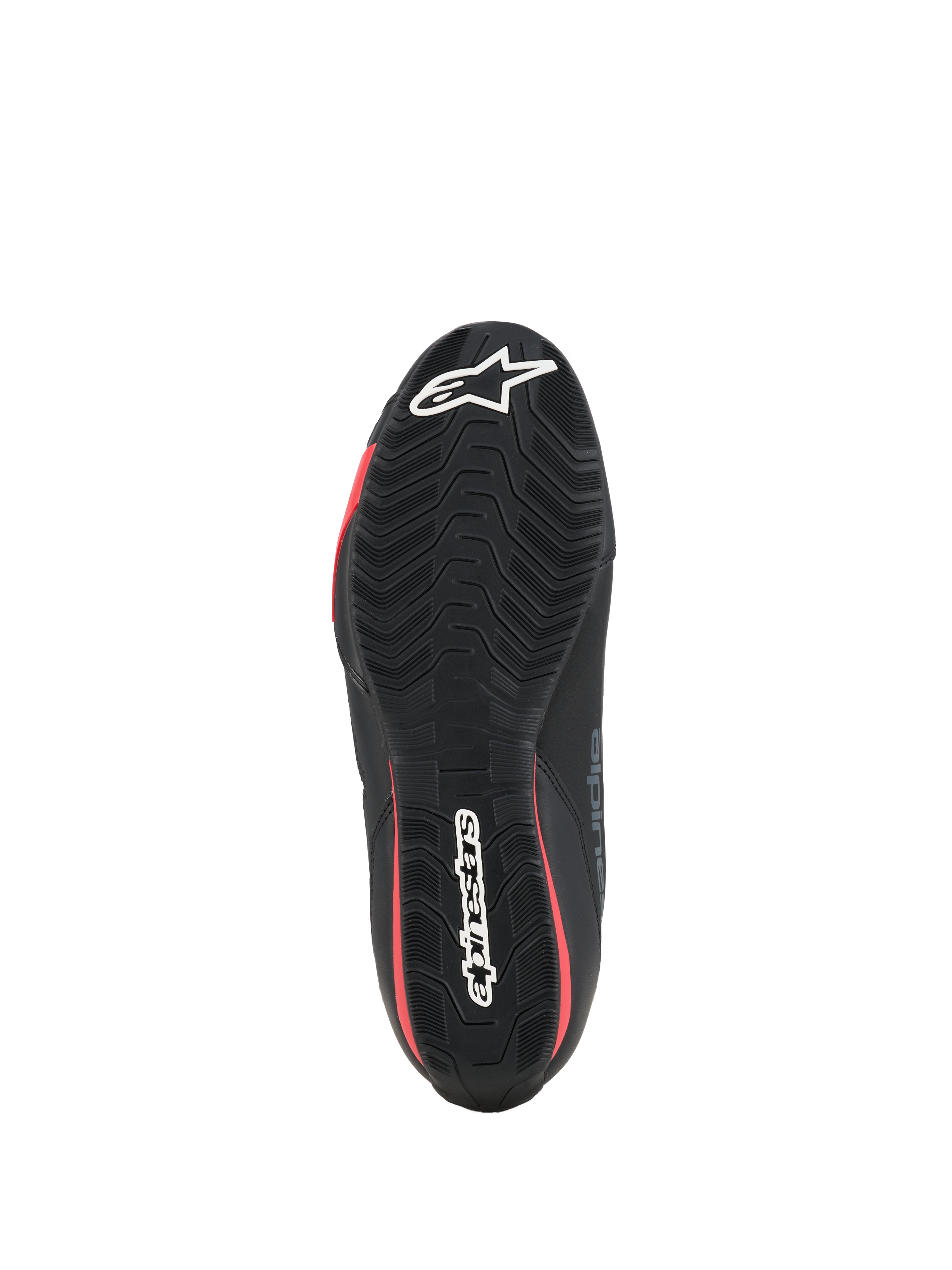 Alpinestars Scarpe Celer, scarpe da moto, nero e rosso acceso, vista dal basso che mostra la suola in gomma testurizzata con logo Alpinestars bianco e accenti rossi.