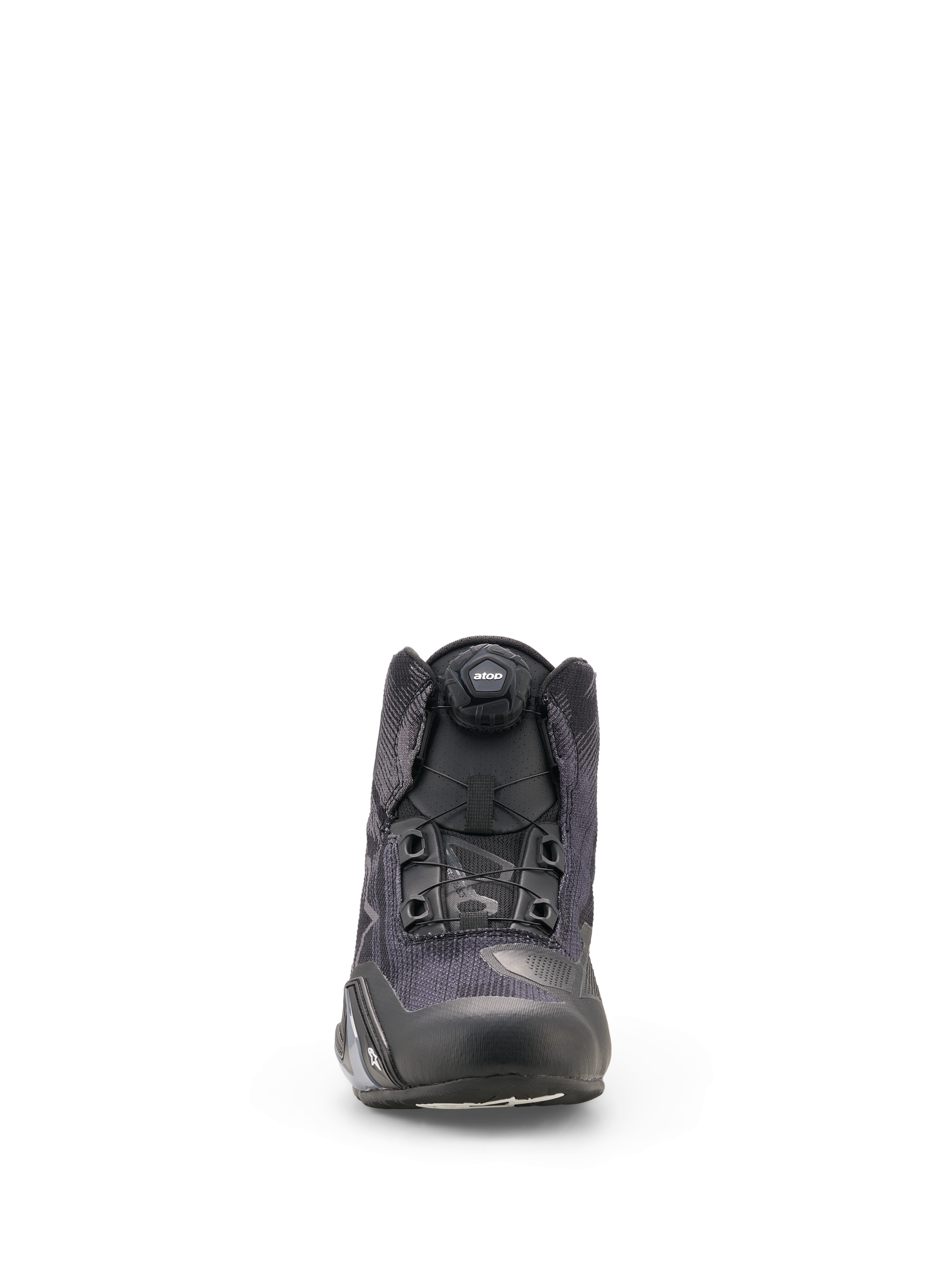 Scarpe Alpinestars Celer Superair, scarpe da moto, nero e grigio scuro, vista frontale con costruzione in tessuto ad alto flusso d'aria e sistema di chiusura Rotor integrato, design atletico per motociclisti sportivi