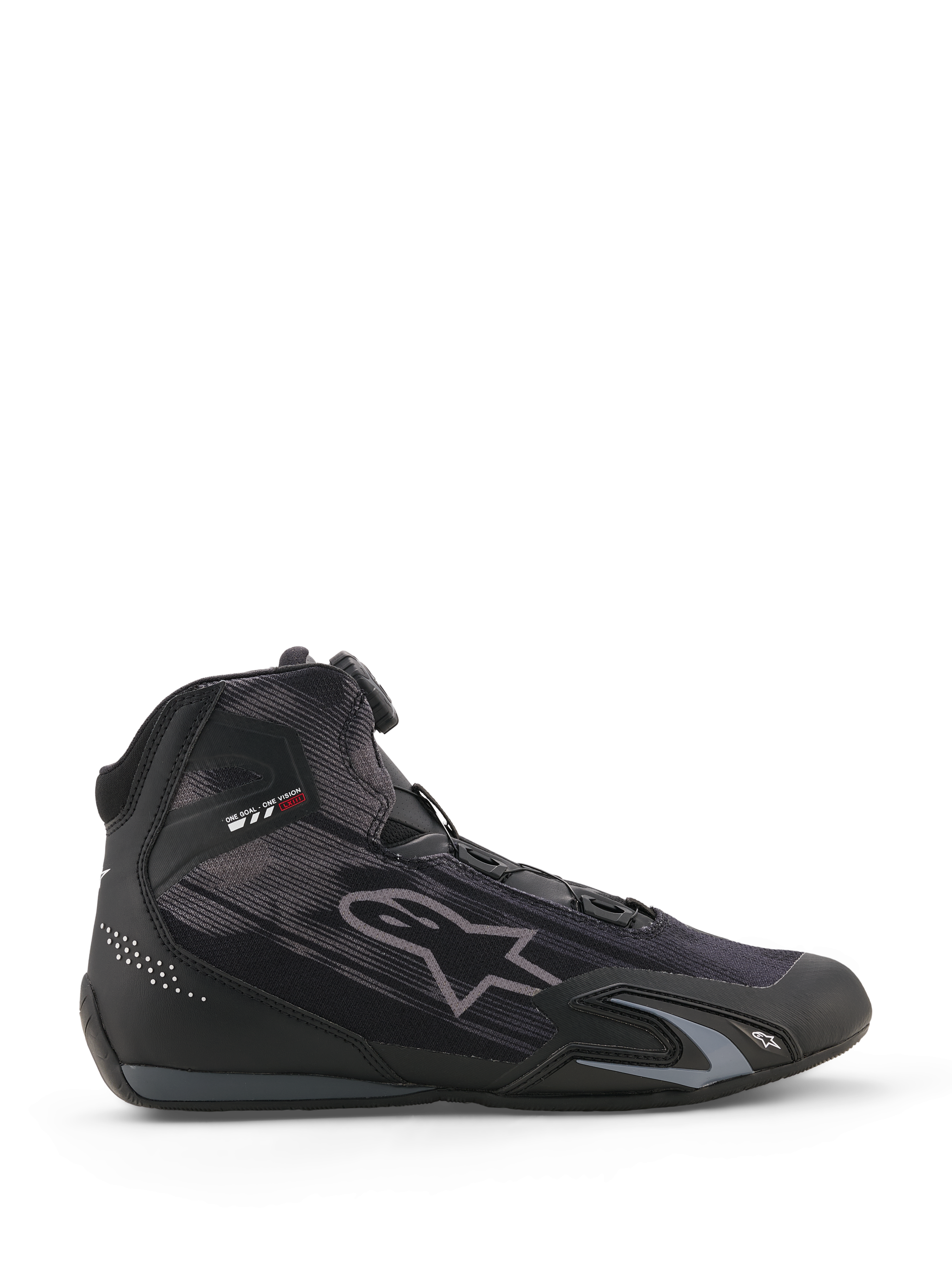 Alpinestars Celer Superair Shoes, scarpe da moto, nero e grigio scuro, profilo laterale con costruzione in tessuto ad alto flusso d'aria, dotate di sistema di chiusura Rotor e rinforzi protettivi in TPU, design sportivo da motorsport.