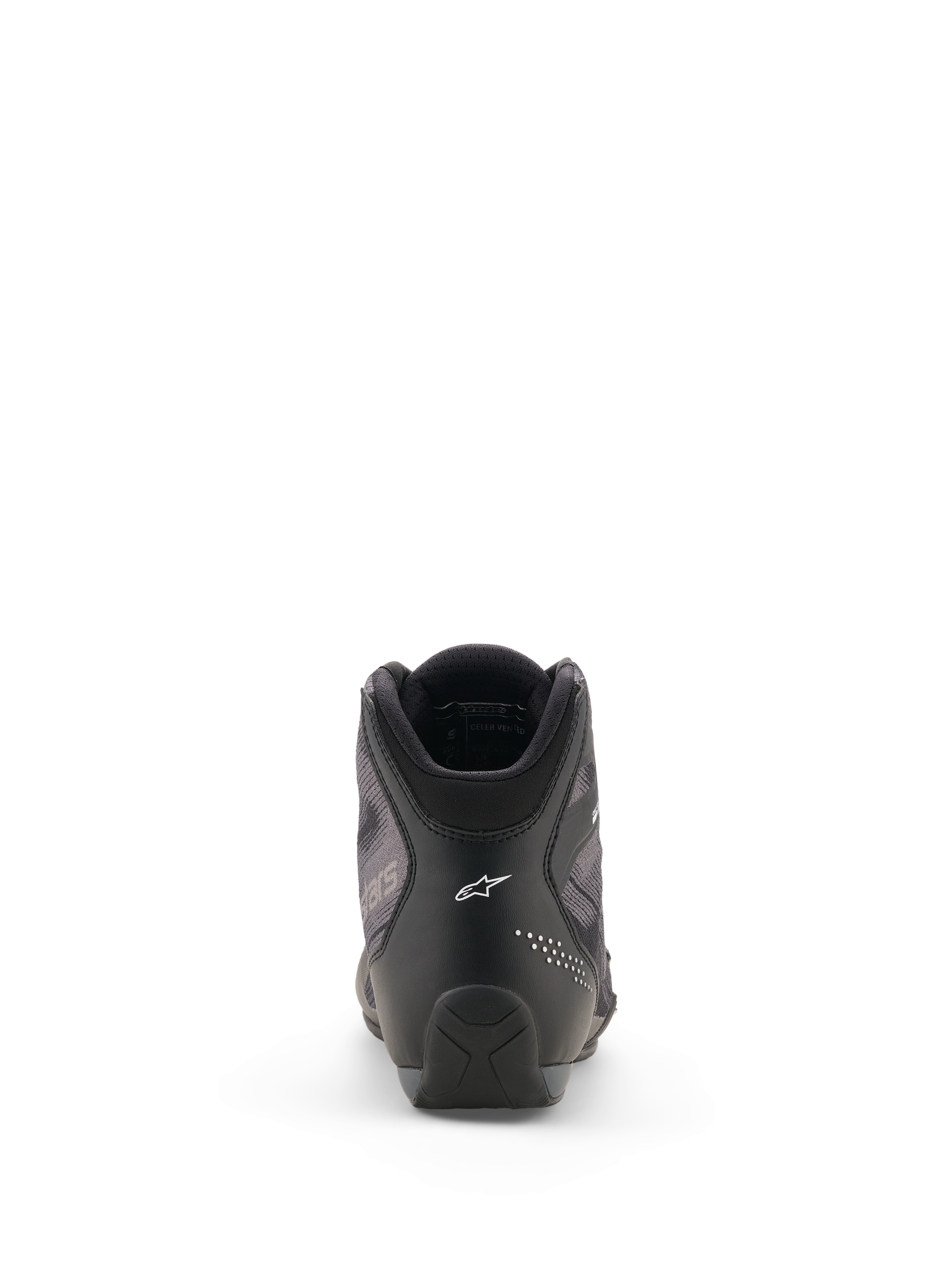 Scarpe Alpinestars Celer Superair, scarpe da moto, nero e grigio scuro, vista posteriore con il logo Alpinestars bianco sul tallone, costruzione in microfibra tecnica e tessuto ad alto flusso d'aria, design sportivo