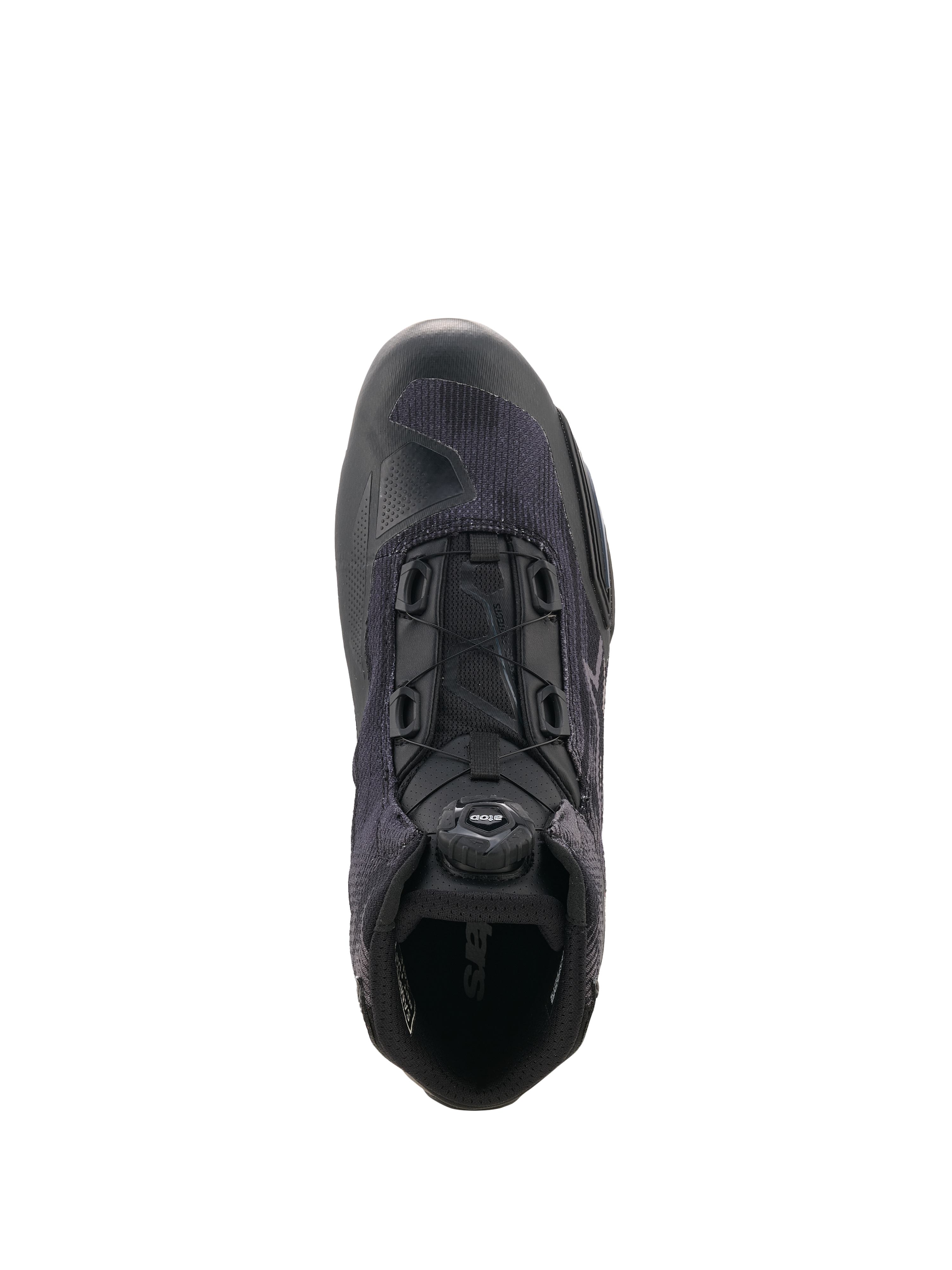 Scarpe Alpinestars Celer Superair, scarpe da moto, nero e grigio scuro, vista dall'alto che evidenzia il sistema di chiusura Rotor, costruzione in tessuto traspirante ad alto flusso d'aria e rinforzi sintetici protettivi