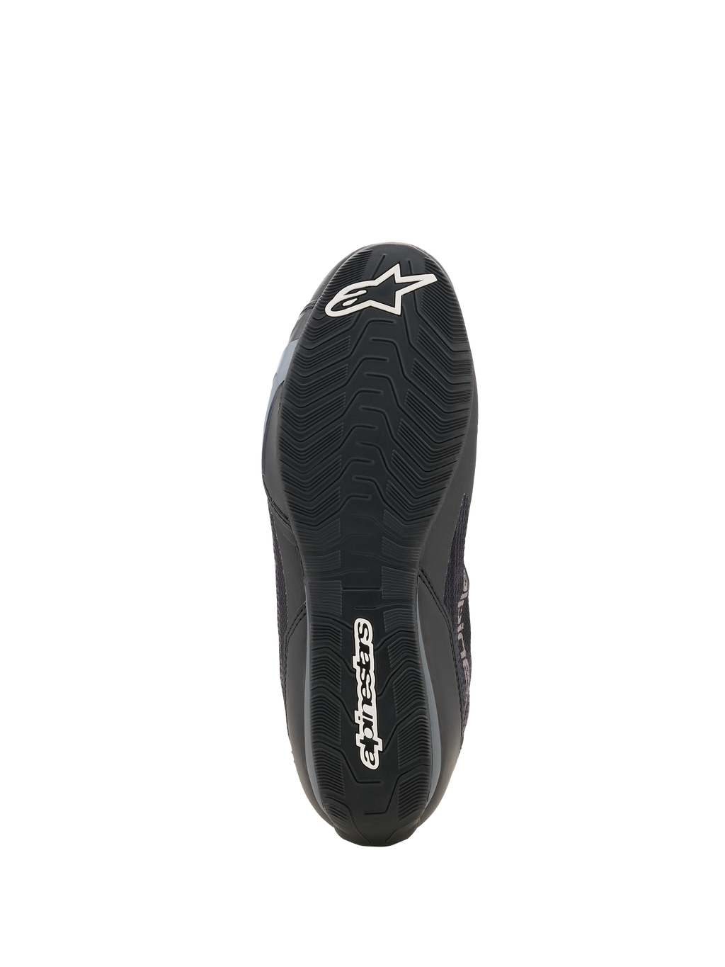 Scarpe Alpinestars Celer Superair, scarpe da moto, nero e grigio scuro, vista inferiore della suola in gomma testurizzata resistente all'olio, con logo a stella Alpinestars bianco sulla punta e marchio sul tallone