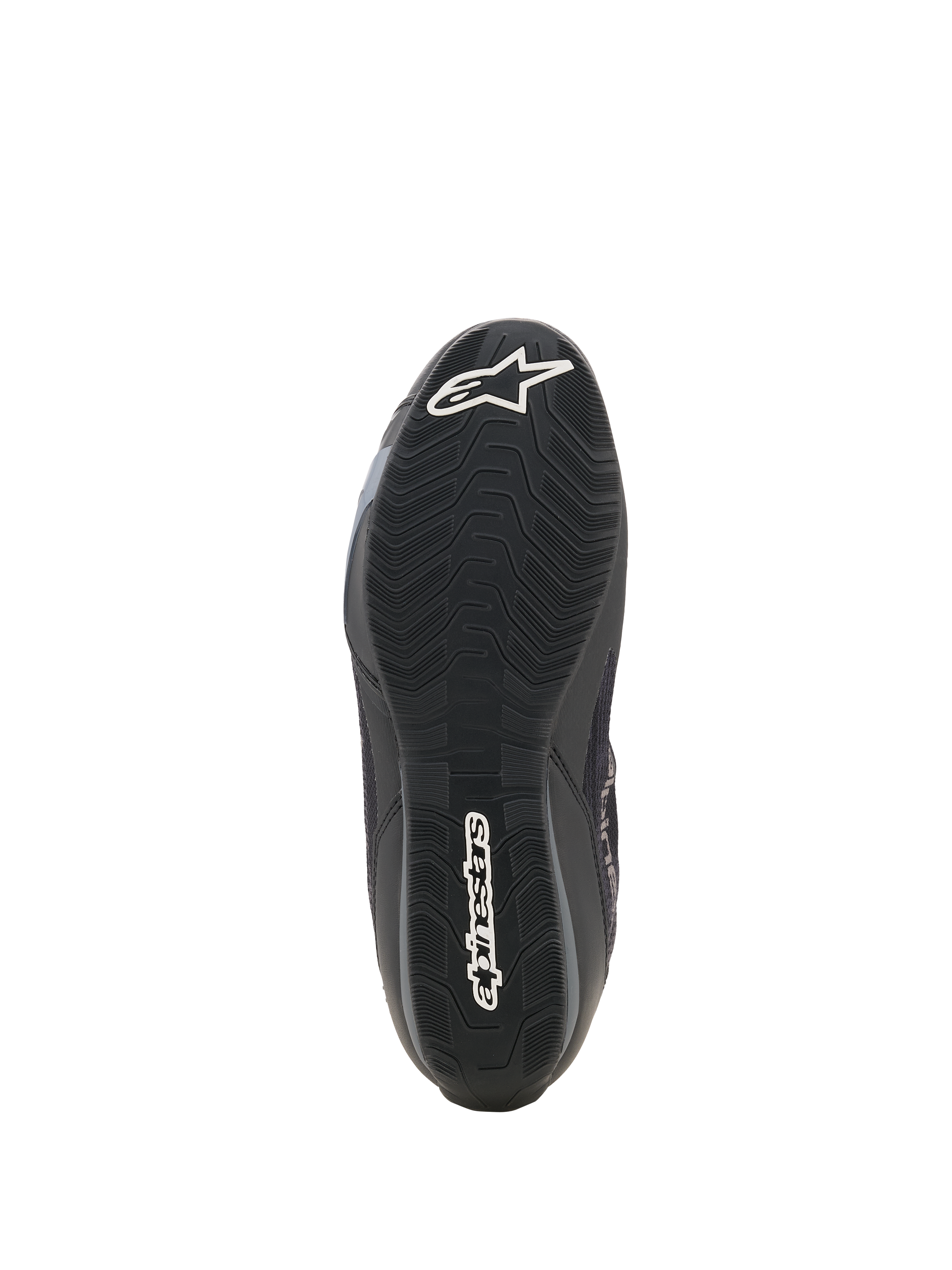 Scarpe Alpinestars Celer Superair, scarpe da moto, nero e grigio scuro, vista inferiore della suola in gomma testurizzata resistente all'olio, con logo a stella Alpinestars bianco sulla punta e marchio sul tallone
