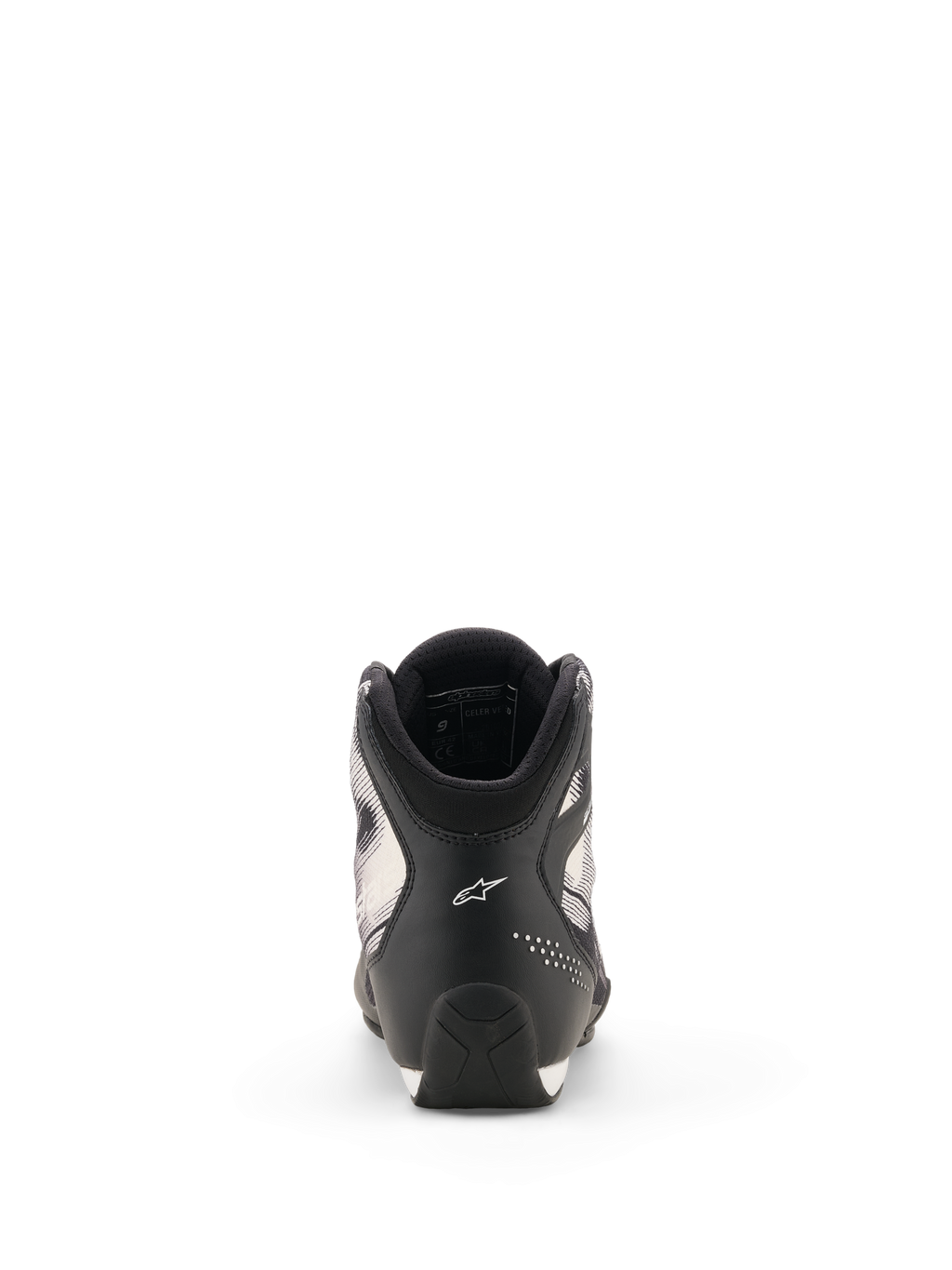 Scarpe Alpinestars Celer Superair, scarpe da moto, nero e bianco, vista posteriore che mostra il tallone con logo Astar bianco, dettagli traforati e design della suola testurizzato