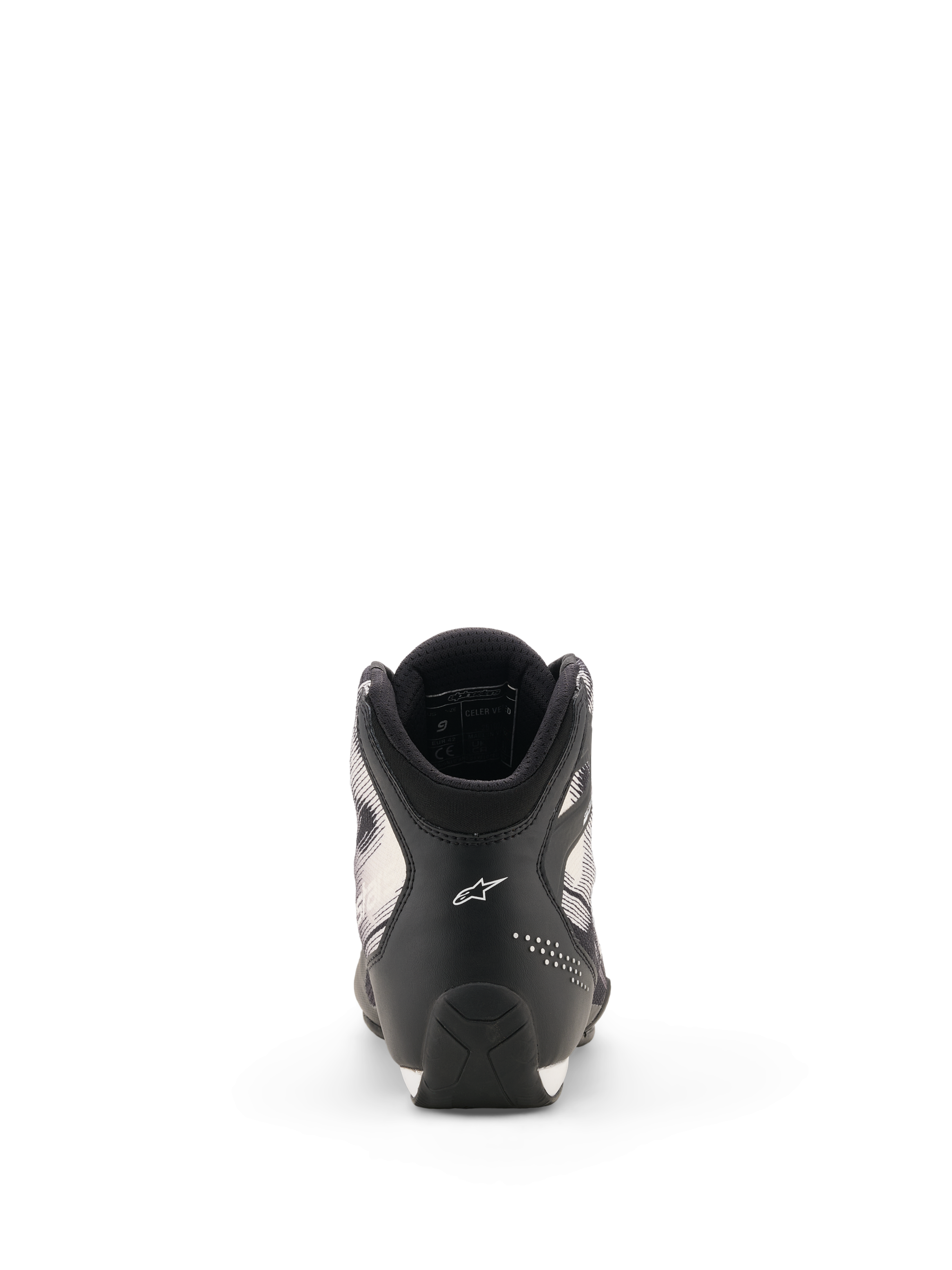 Scarpe Alpinestars Celer Superair, scarpe da moto, nero e bianco, vista posteriore che mostra il tallone con logo Astar bianco, dettagli traforati e design della suola testurizzato
