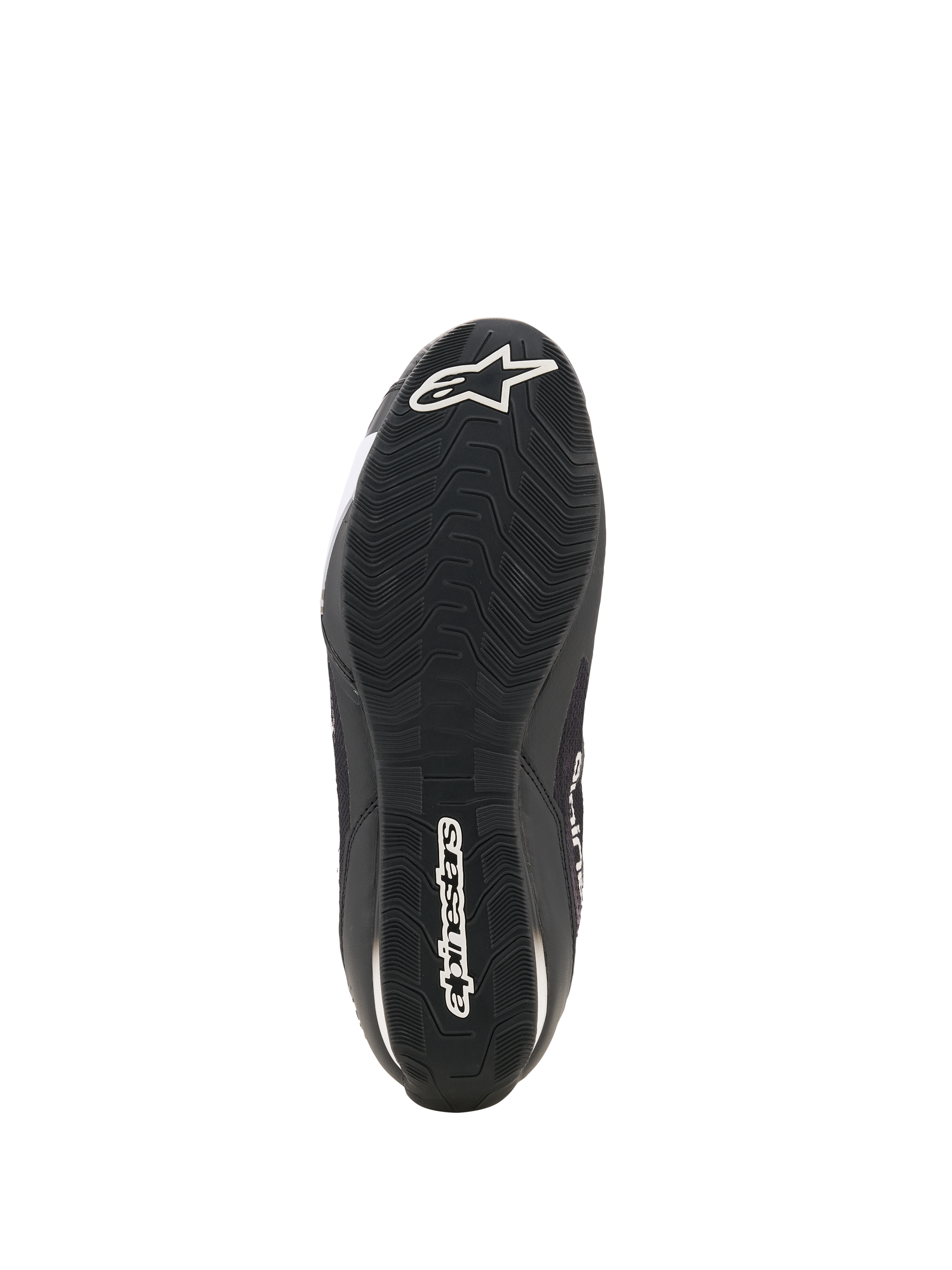 Scarpe Alpinestars Celer Superair, scarpe da moto, nero e bianco, vista dal basso che mostra la suola in gomma resistente all'olio con battistrada testurizzato, logo Alpinestars bianco sul tallone e nome del marchio al centro per grip e prestazioni