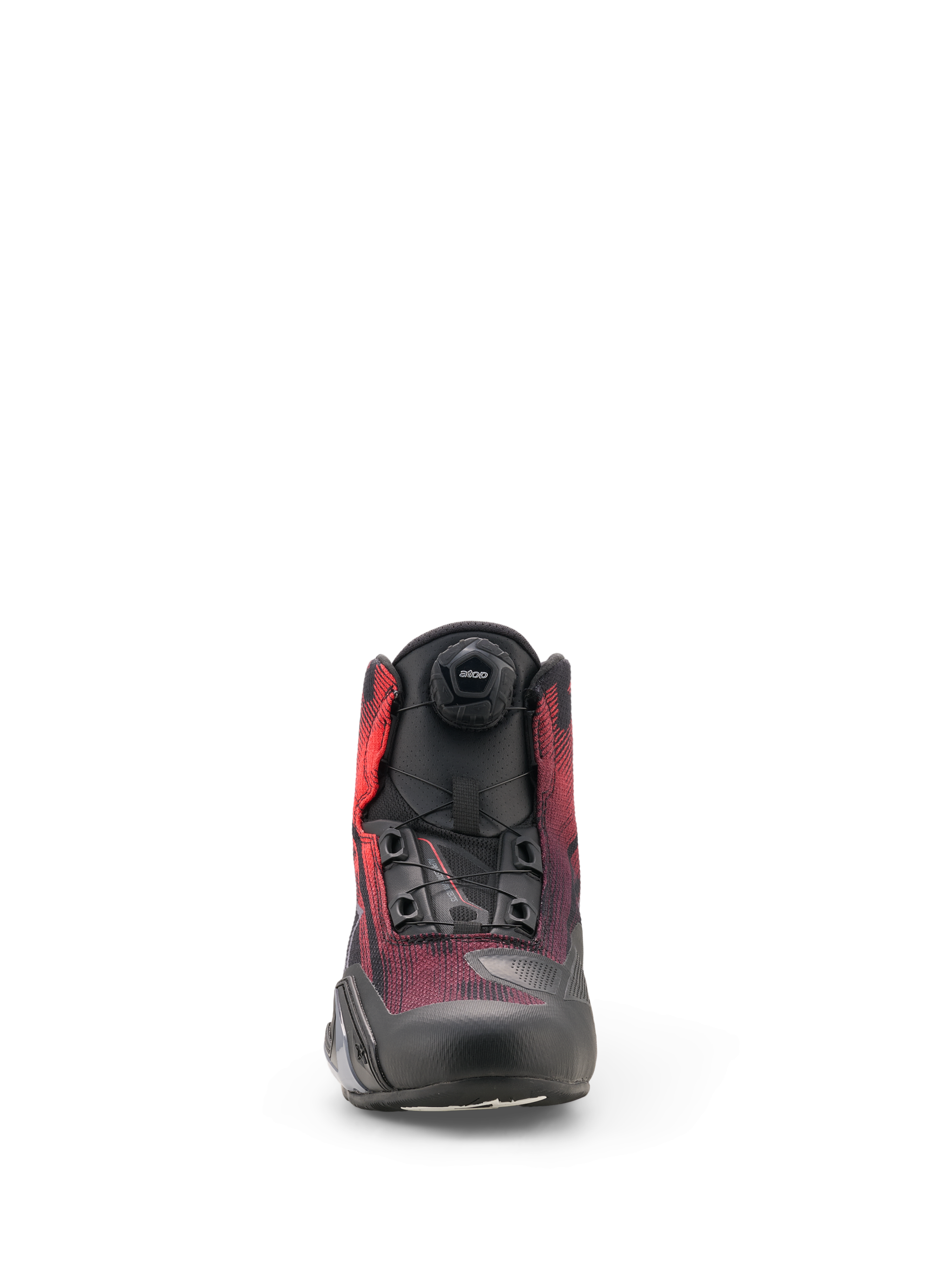 Scarpe Alpinestars Celer Superair, scarpe da moto, nero e rosso brillante, vista frontale con rotella del sistema di chiusura Rotor e tomaia in tessuto traspirante con rinforzi protettivi