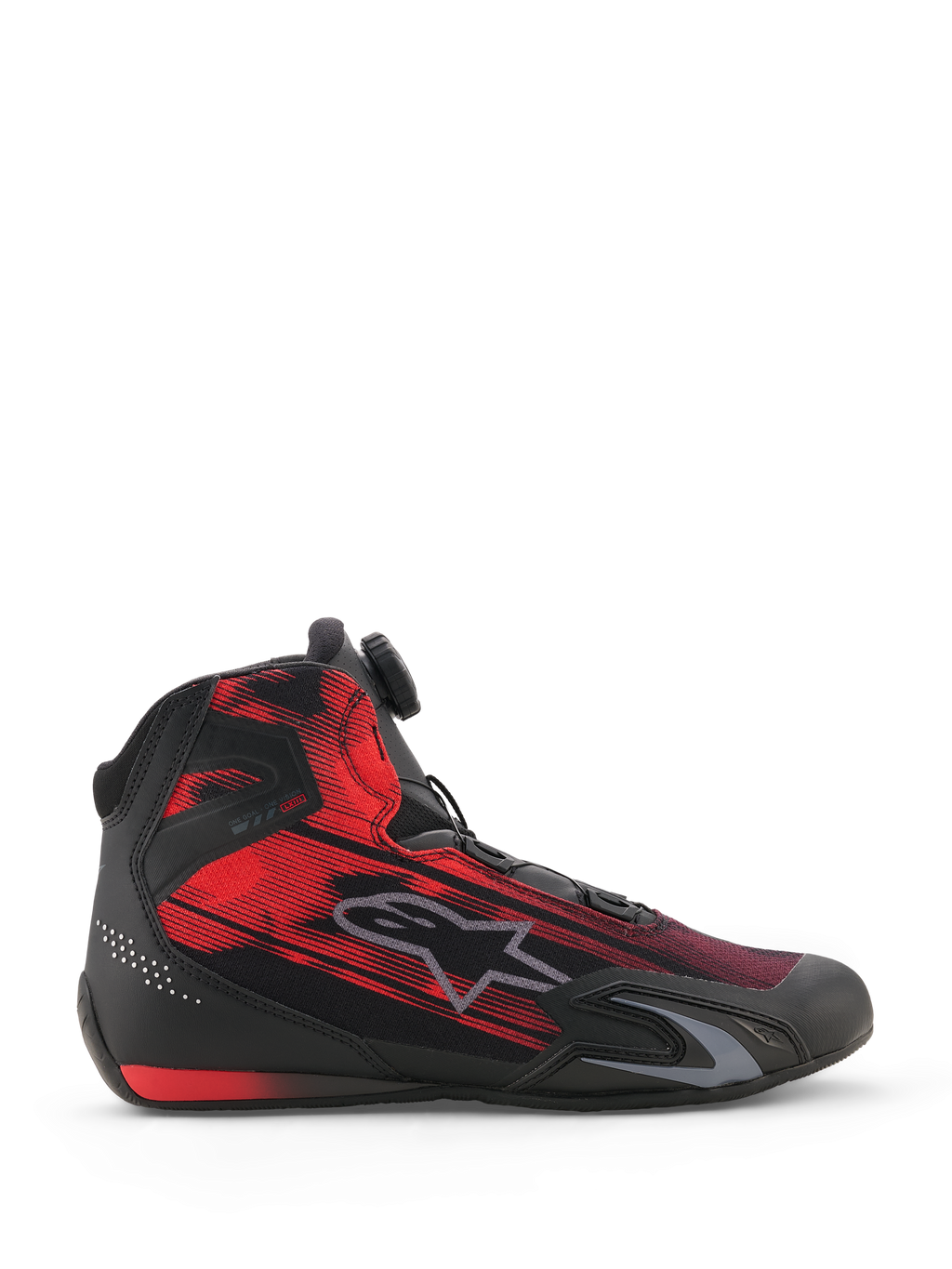 Scarpe Alpinestars Celer Superair, scarpe da moto, nero e rosso brillante, vista laterale con tomaia in tessuto con grafica striata, logo Alpinestars grigio e rotella del sistema di chiusura Rotor, calzature sportive per motociclisti