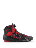 Scarpe Alpinestars Celer Superair, scarpe da moto, nero e rosso brillante, vista laterale con tomaia in tessuto con grafica striata, logo Alpinestars grigio e rotella del sistema di chiusura Rotor, calzature sportive per motociclisti
