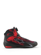 Scarpe Alpinestars Celer Superair, scarpe da moto, nero e rosso brillante, vista laterale con tomaia in tessuto con grafica striata, logo Alpinestars grigio e rotella del sistema di chiusura Rotor, calzature sportive per motociclisti