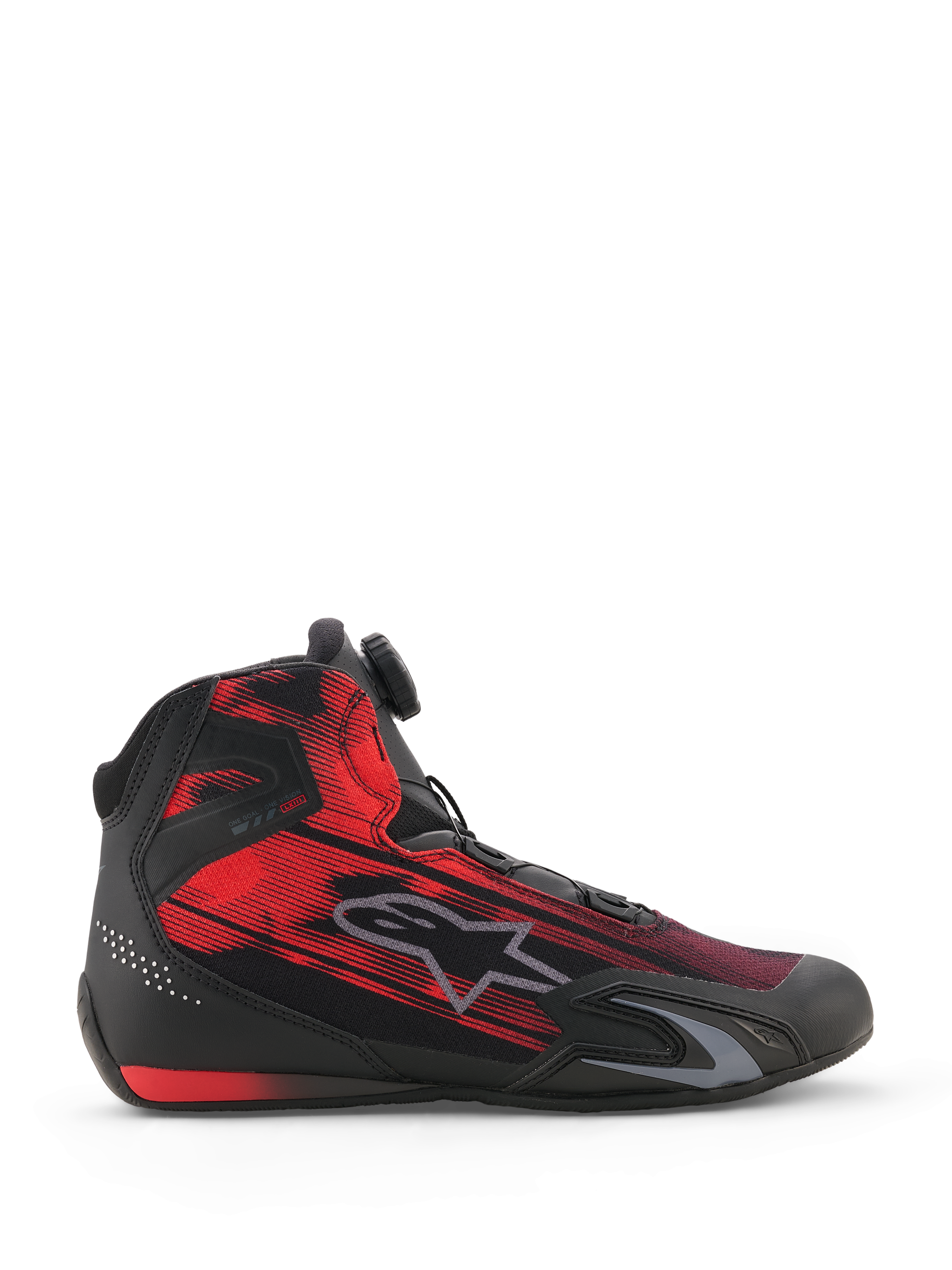 Scarpe Alpinestars Celer Superair, scarpe da moto, nero e rosso brillante, vista laterale con tomaia in tessuto con grafica striata, logo Alpinestars grigio e rotella del sistema di chiusura Rotor, calzature sportive per motociclisti
