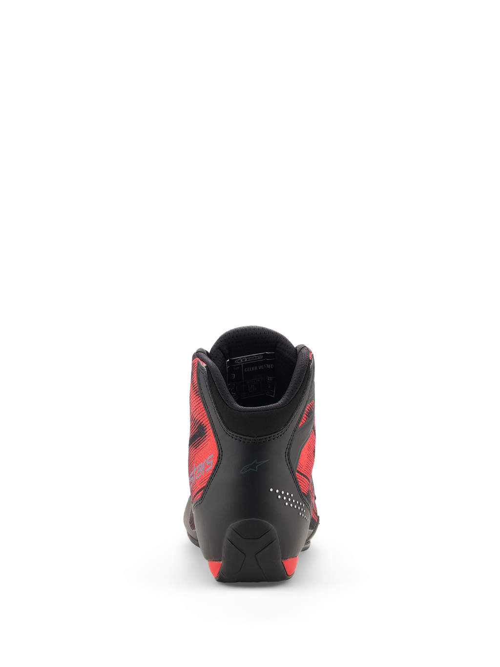 Scarpe Alpinestars Celer Superair, vista posteriore, nero e rosso brillante, con tallone in microfibra rinforzata, pannelli laterali in tessuto traspirante rosso con design grafico e colletto imbottito con fodera in mesh 3D, calzature da moto sportive