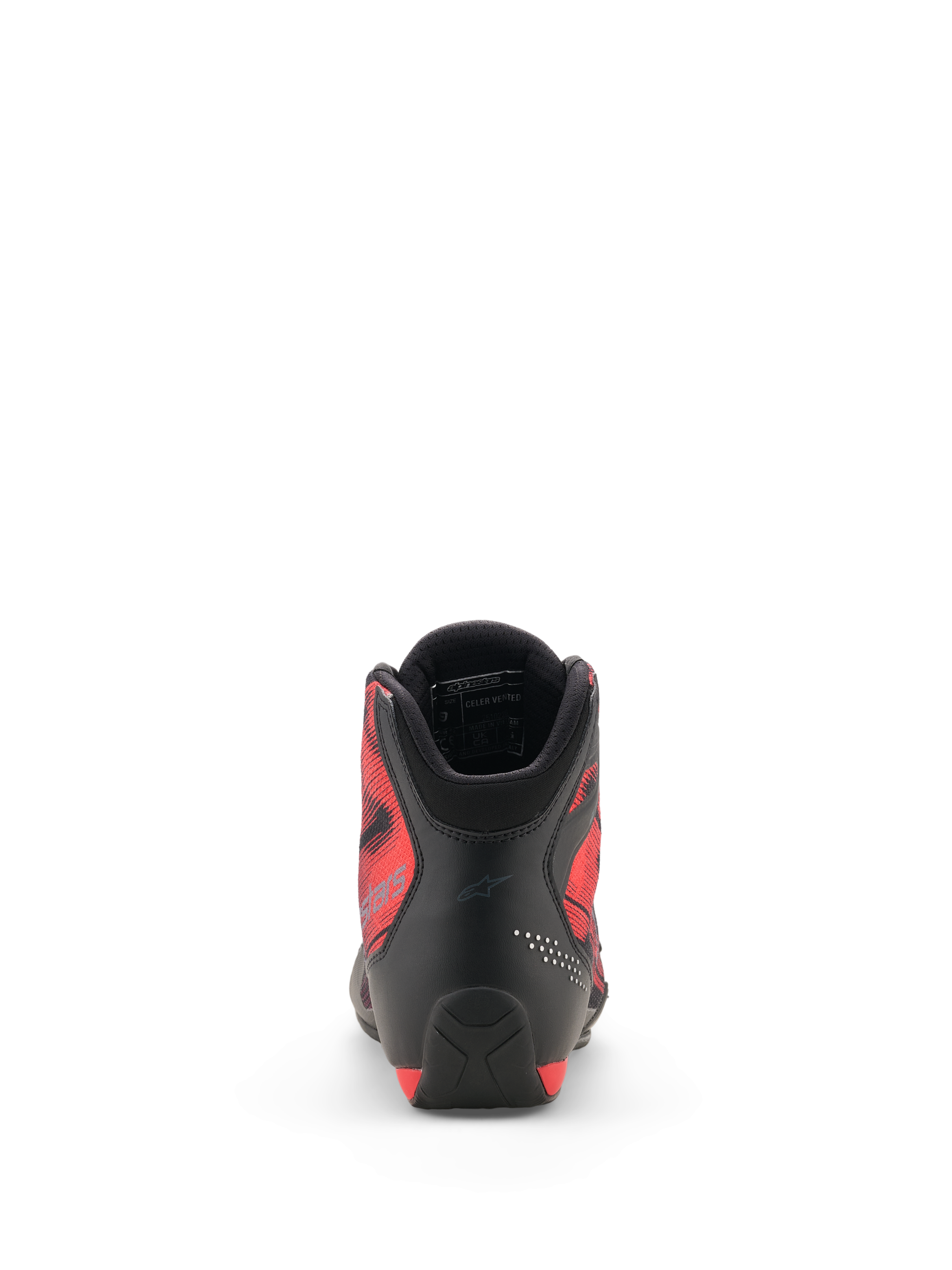 Scarpe Alpinestars Celer Superair, vista posteriore, nero e rosso brillante, con tallone in microfibra rinforzata, pannelli laterali in tessuto traspirante rosso con design grafico e colletto imbottito con fodera in mesh 3D, calzature da moto sportive