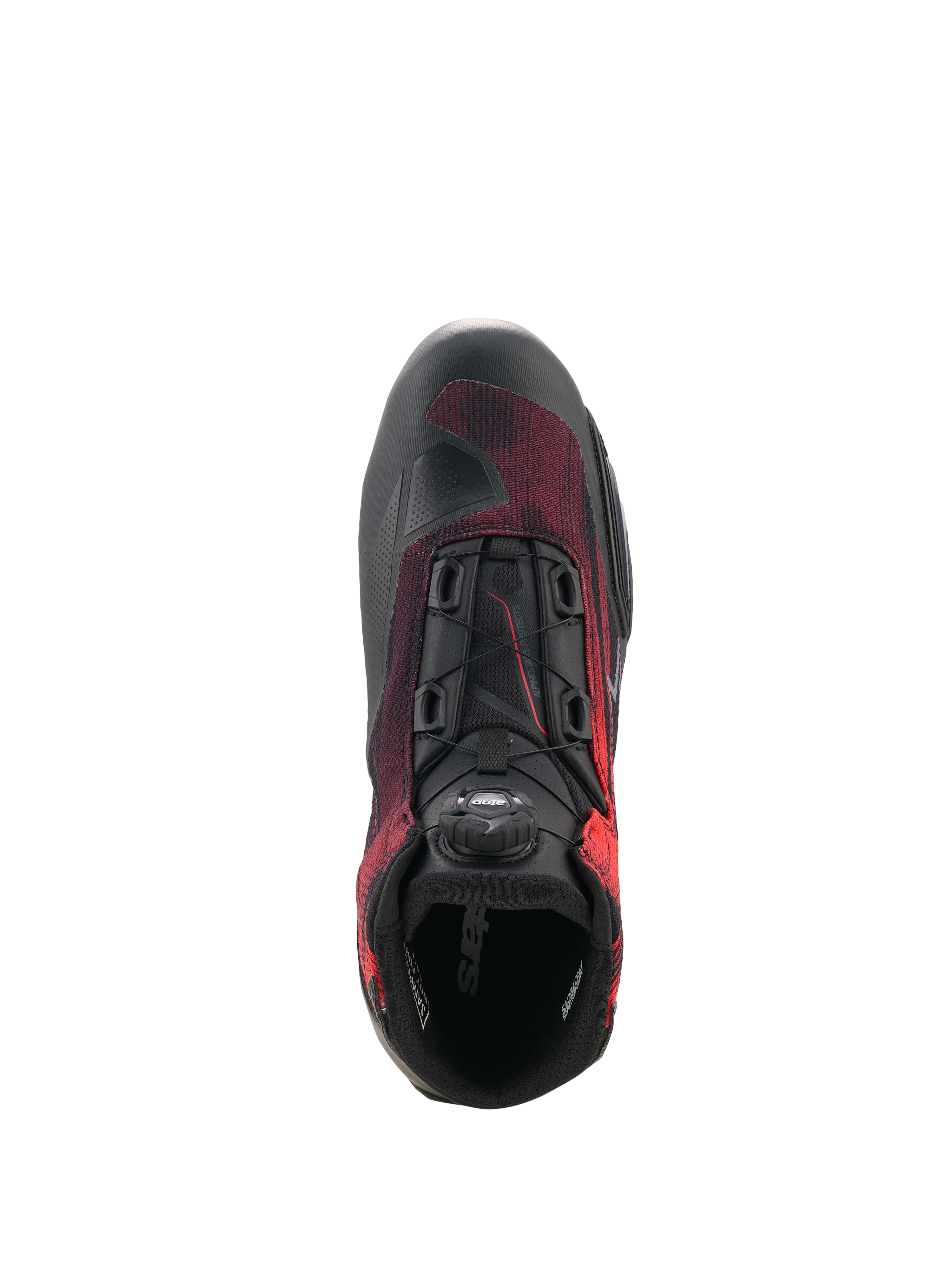 Alpinestars Celer Superair Shoes, scarpe da moto, nero e rosso acceso, vista dall'alto che mostra la rotella del sistema di chiusura Rotor, tessuto traspirante e costruzione rinforzata per la guida sportiva.