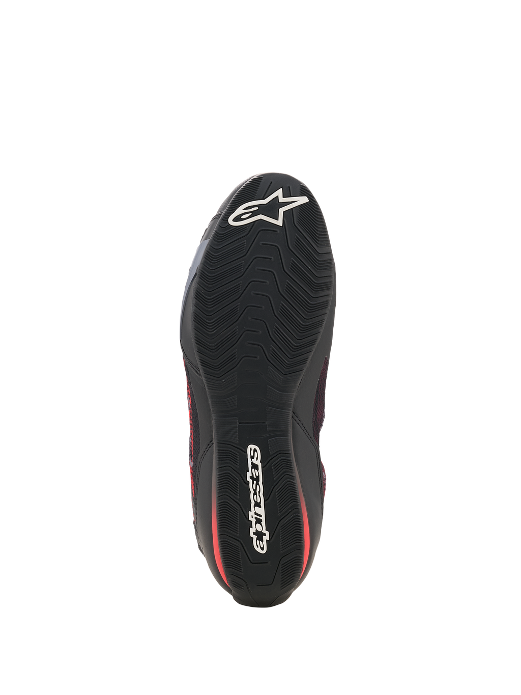 Scarpe Alpinestars Celer Superair, scarpe da moto, nero e rosso acceso, vista dal basso che mostra la suola in gomma nera resistente all'olio con motivo ondulato testurizzato e loghi Alpinestars bianchi sulla punta e sul tallone