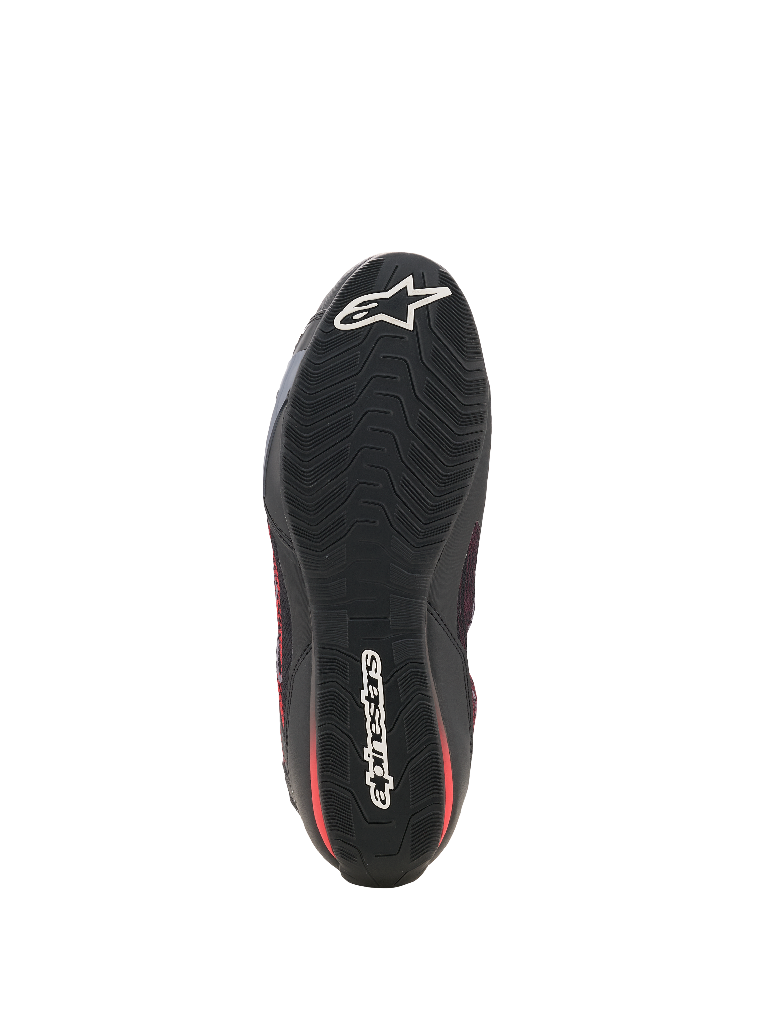 Scarpe Alpinestars Celer Superair, scarpe da moto, nero e rosso acceso, vista dal basso che mostra la suola in gomma nera resistente all'olio con motivo ondulato testurizzato e loghi Alpinestars bianchi sulla punta e sul tallone