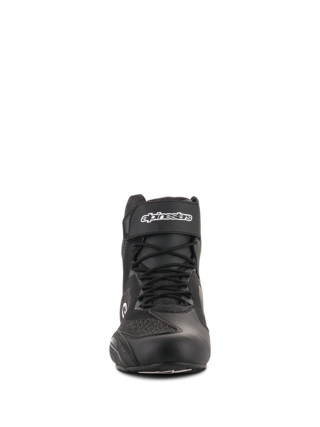 Scarpe Alpinestars Faster-3 Rideknit®, scarpe da moto, nero, vista frontale, con cinturino alla caviglia a strappo con logo bianco, lacci e pannelli in mesh traspirante, calzature da strada dal design snello