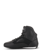 Scarpe Alpinestars Faster-3 Rideknit®, scarpe da moto, nero, vista laterale di profilo, tomaia in microfibra leggera con pannelli traforati, chiusura con lacci e cinturino sulla caviglia, design racing da strada elegante