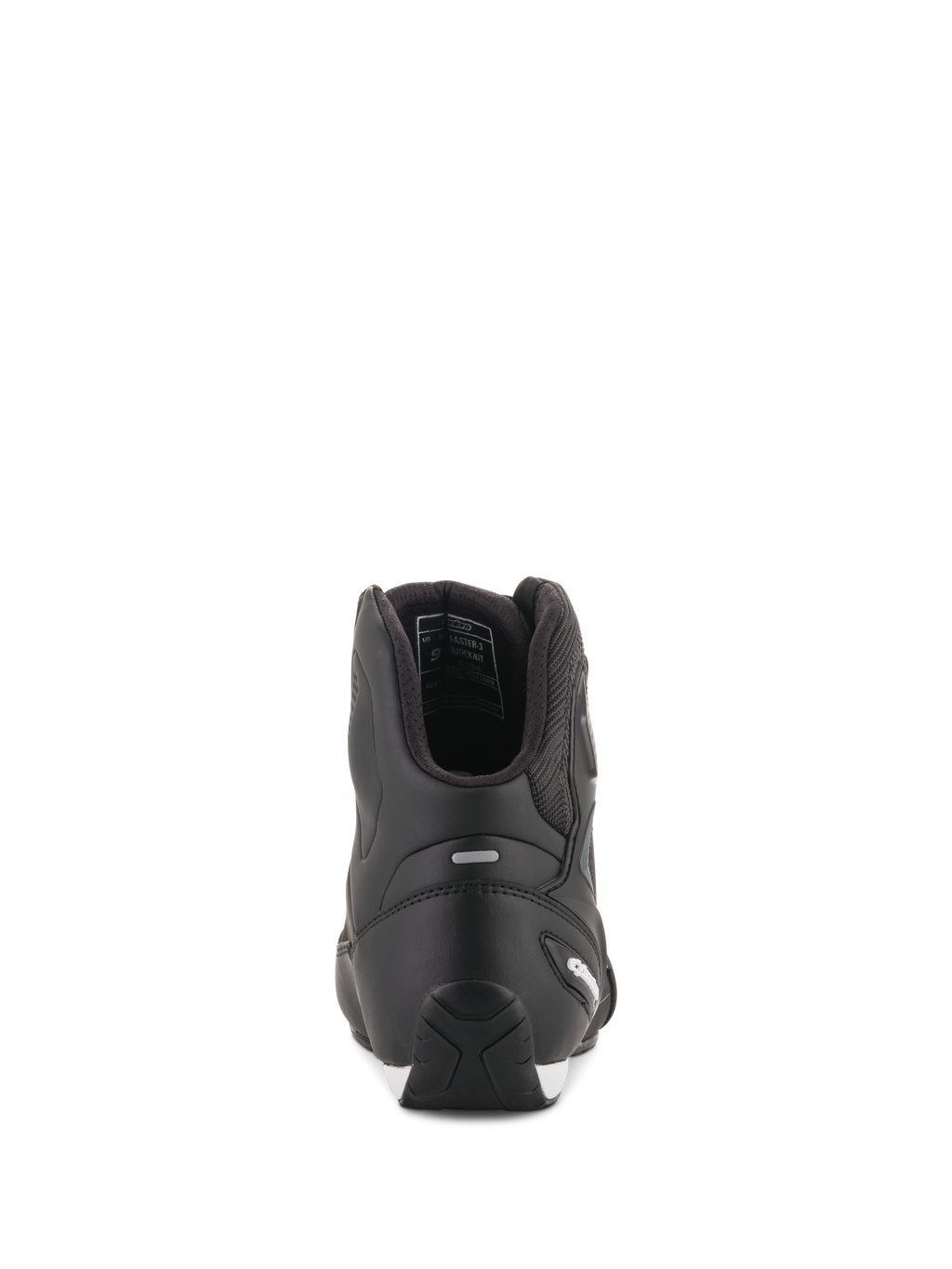 Alpinestars Faster-3 Rideknit® Shoes, scarpe da moto nere, vista posteriore con contrafforte in TPR e struttura in microfibra, calzature da corsa su strada eleganti e protettive
