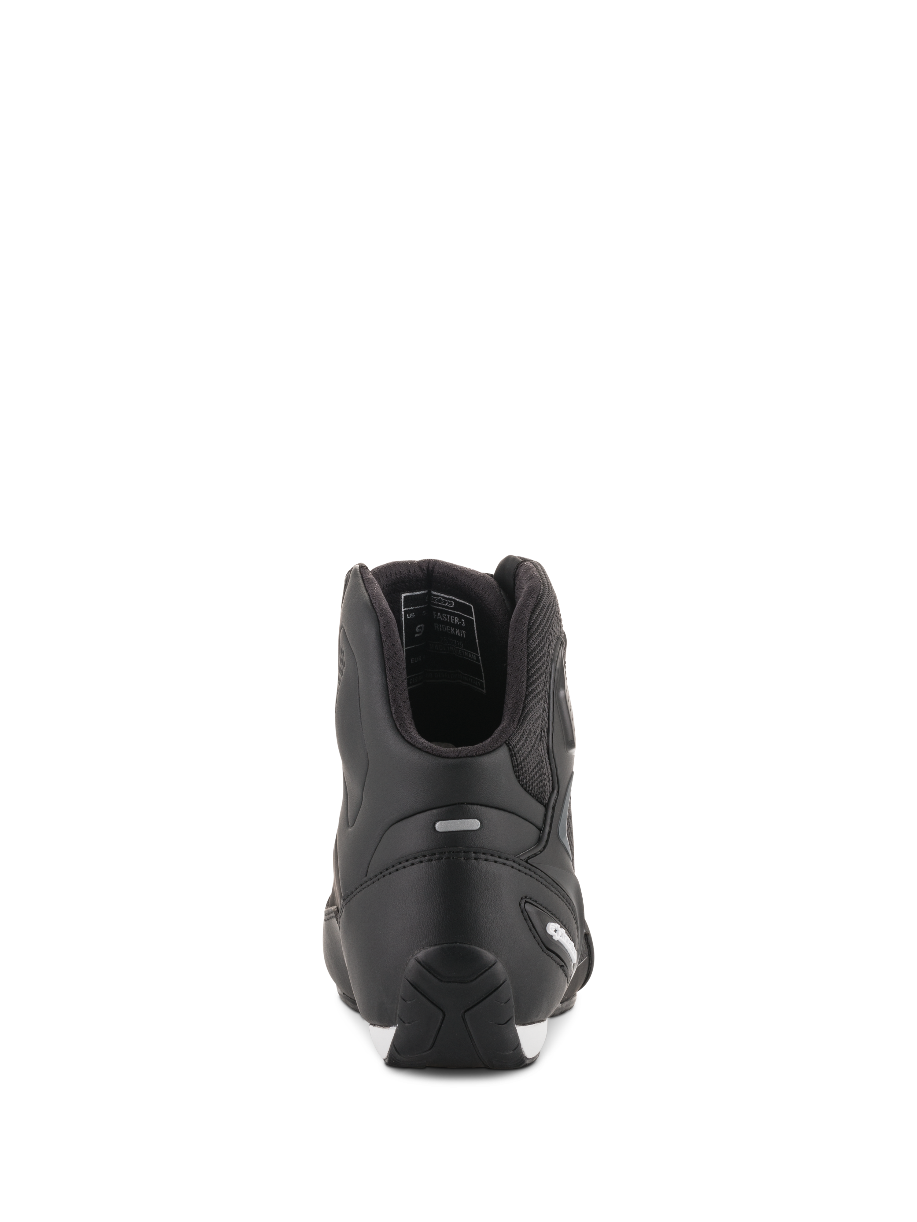 Alpinestars Faster-3 Rideknit® Shoes, scarpe da moto nere, vista posteriore con contrafforte in TPR e struttura in microfibra, calzature da corsa su strada eleganti e protettive