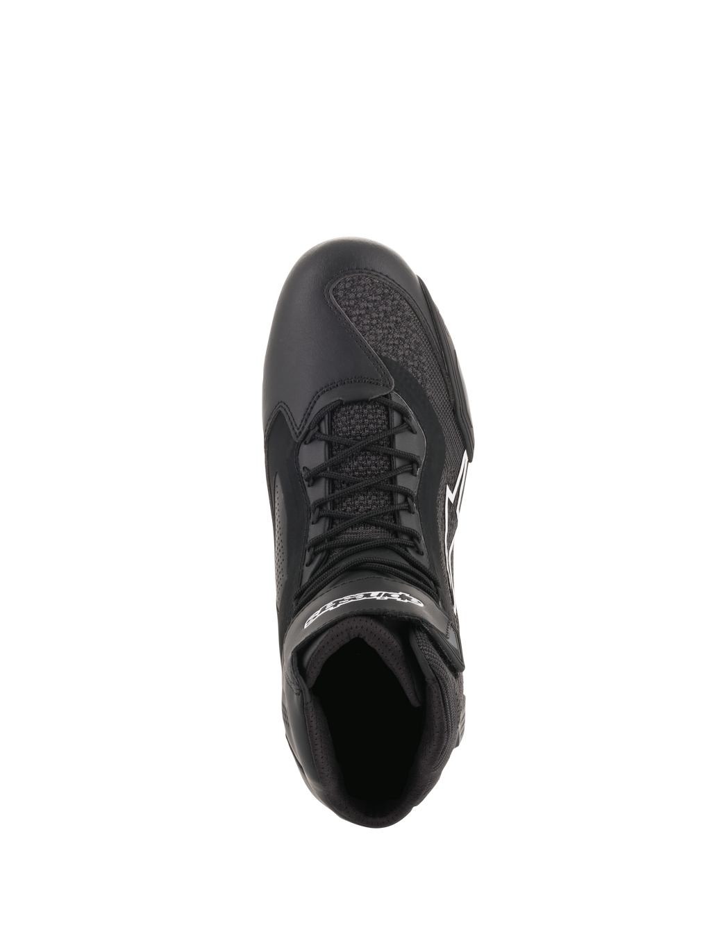 Scarpe Alpinestars Faster-3 Rideknit®, nero, vista dall'alto che mostra lacci e pannelli in rete traspirante, costruzione leggera in microfibra e maglia, calzature da moto performanti