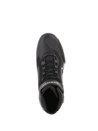 Scarpe Alpinestars Faster-3 Rideknit®, nero, vista dall'alto che mostra lacci e pannelli in rete traspirante, costruzione leggera in microfibra e maglia, calzature da moto performanti