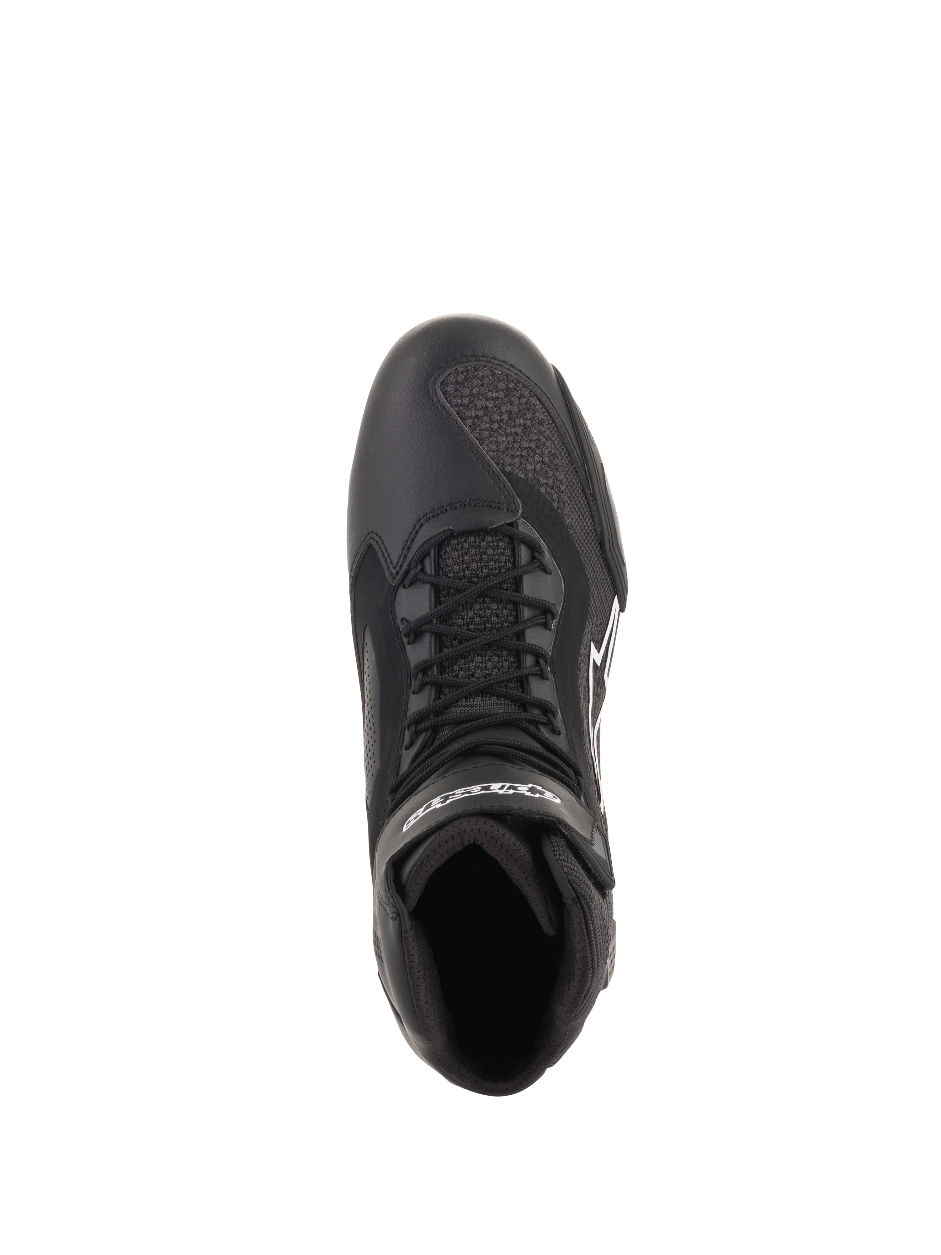 Scarpe Alpinestars Faster-3 Rideknit®, nero, vista dall'alto che mostra lacci e pannelli in rete traspirante, costruzione leggera in microfibra e maglia, calzature da moto performanti