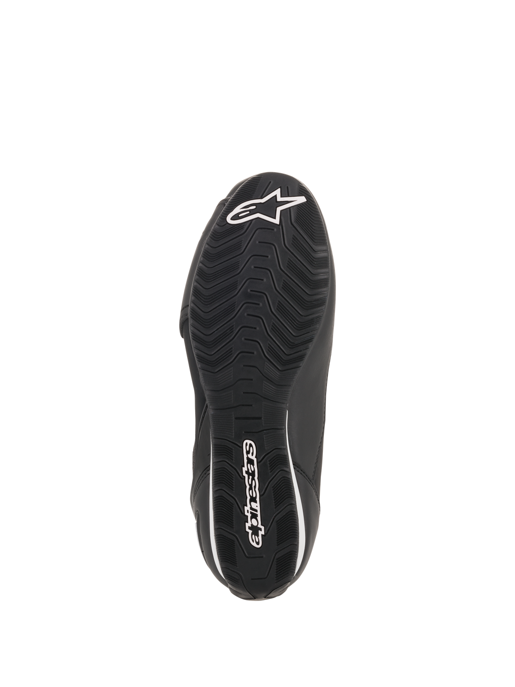 Scarpe Alpinestars Faster-3 Rideknit®, nero, vista inferiore della suola con battistrada ondulato testurizzato, logo e marchio Alpinestars bianchi, scarpa tecnica da moto