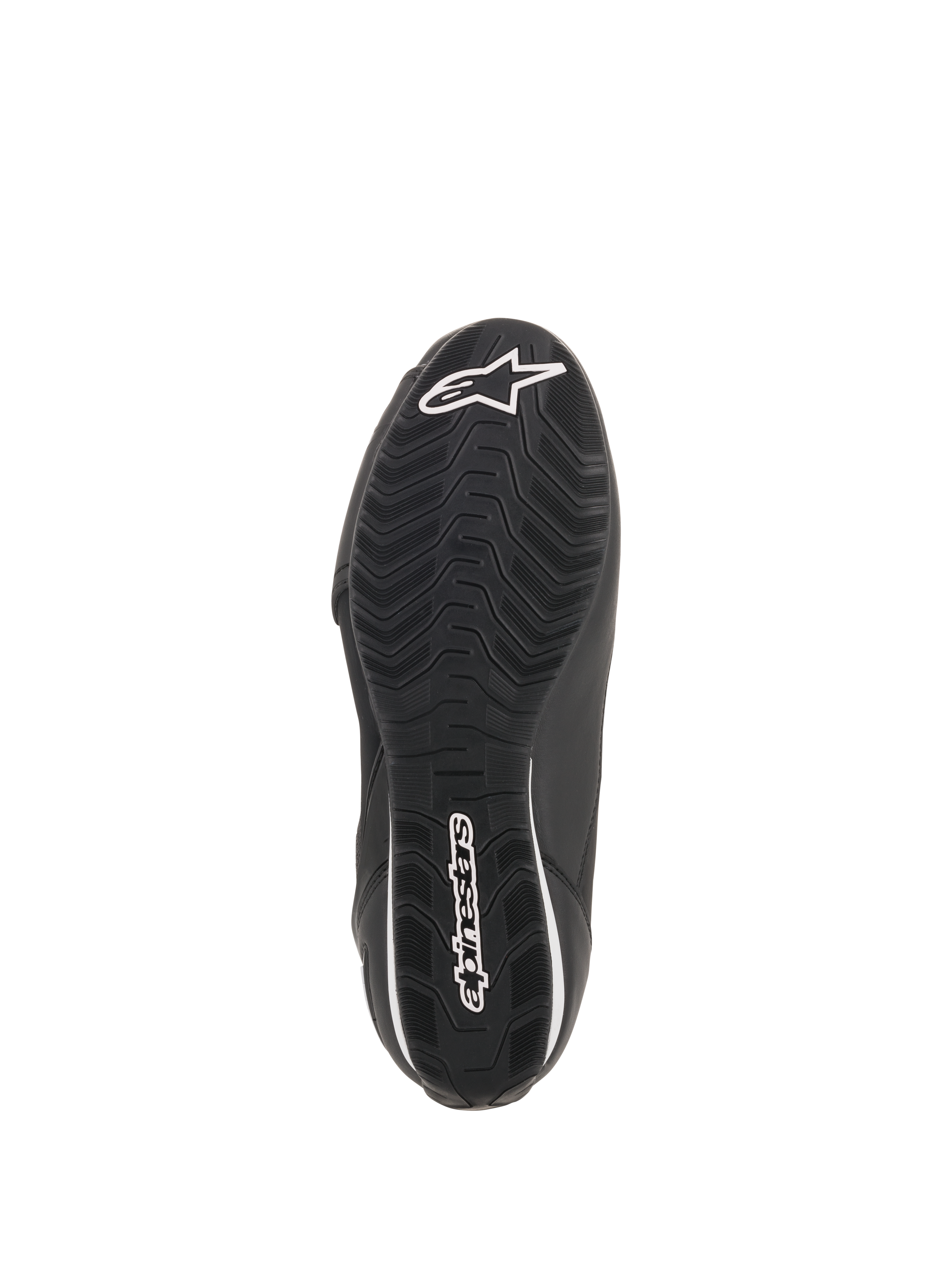 Scarpe Alpinestars Faster-3 Rideknit®, nero, vista inferiore della suola con battistrada ondulato testurizzato, logo e marchio Alpinestars bianchi, scarpa tecnica da moto