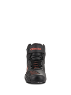Scarpe Alpinestars Faster-3 Rideknit®, Nero e Rosso Fluo, vista frontale, scarpa da moto con pannelli in mesh traspirante e cinturino alla caviglia in velcro con logo rosso