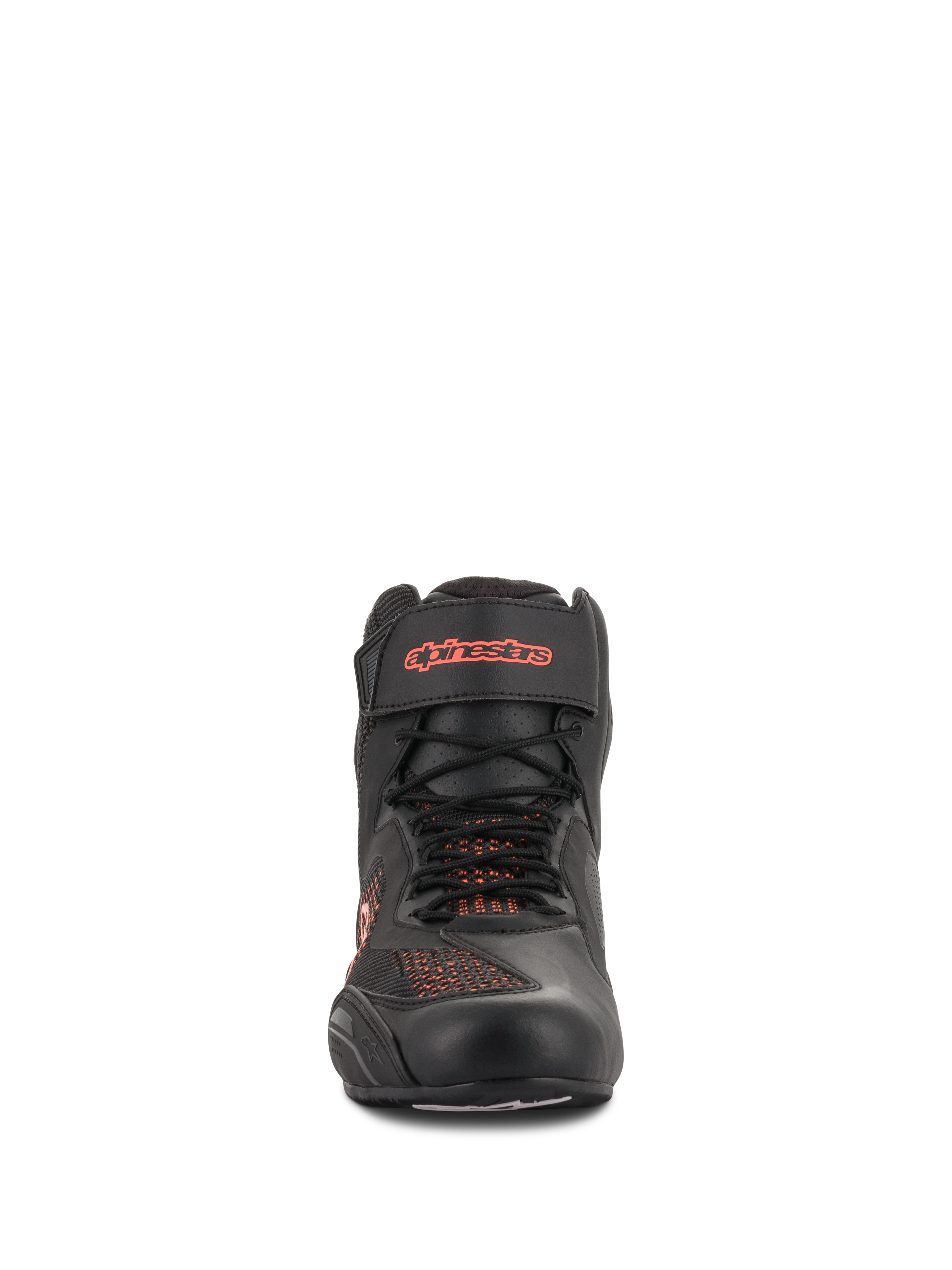 Scarpe Alpinestars Faster-3 Rideknit®, Nero e Rosso Fluo, vista frontale, scarpa da moto con pannelli in mesh traspirante e cinturino alla caviglia in velcro con logo rosso