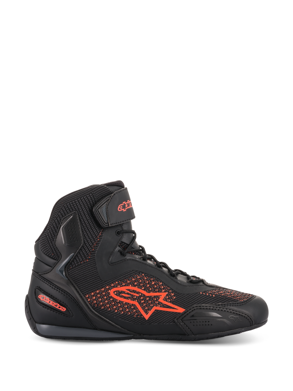 Scarpe Alpinestars Faster-3 Rideknit®, scarpa da moto, nero e rosso fluo, vista laterale di profilo, tomaia in maglia traspirante e microfibra, logo e marchio Alpinestars in rosso fluorescente, calzatura protettiva leggera per guida su strada e urbana