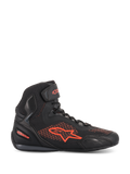 Scarpe Alpinestars Faster-3 Rideknit®, scarpa da moto, nero e rosso fluo, vista laterale di profilo, tomaia in maglia traspirante e microfibra, logo e marchio Alpinestars in rosso fluorescente, calzatura protettiva leggera per guida su strada e urbana