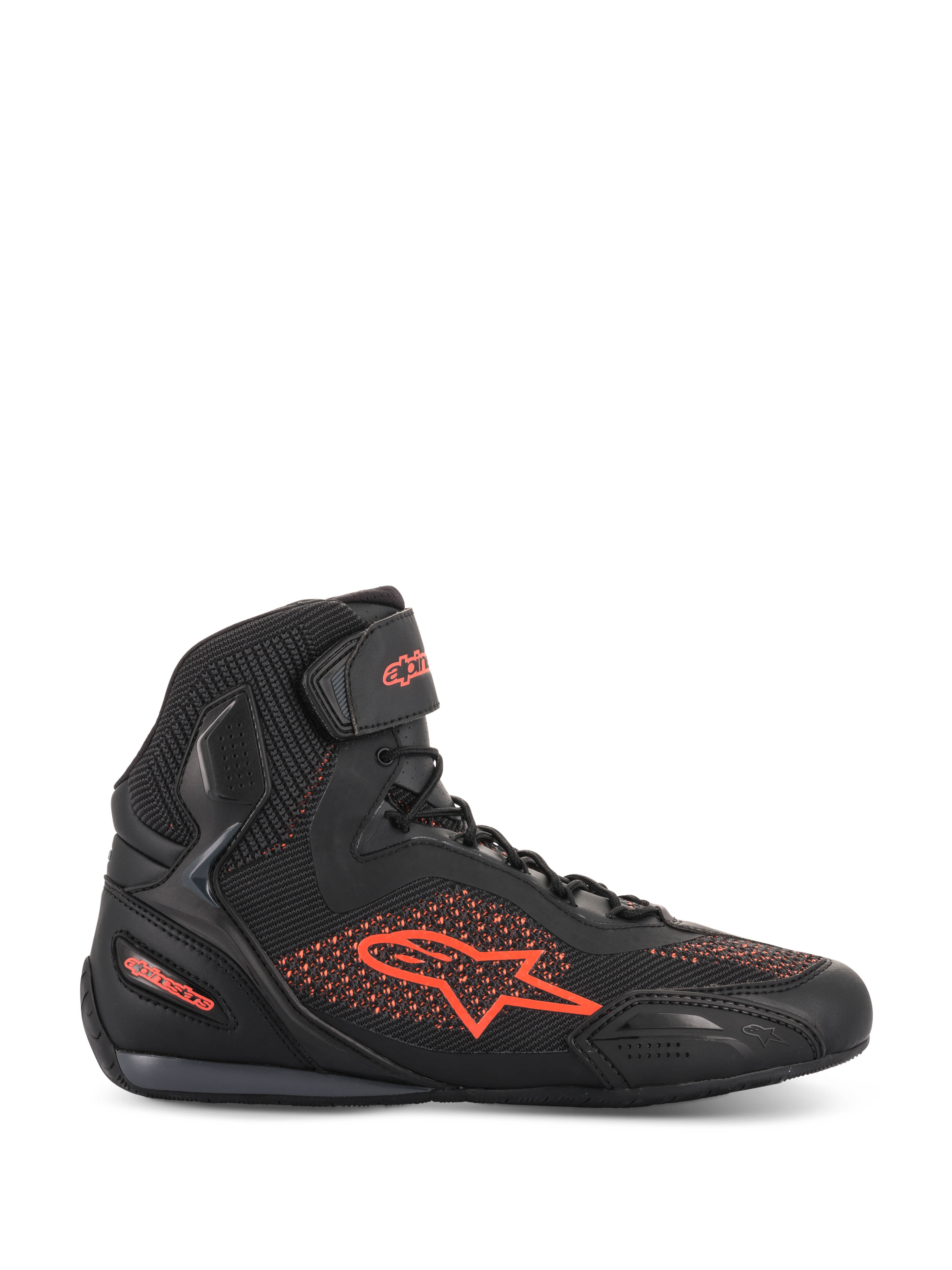 Scarpe Alpinestars Faster-3 Rideknit®, scarpa da moto, nero e rosso fluo, vista laterale di profilo, tomaia in maglia traspirante e microfibra, logo e marchio Alpinestars in rosso fluorescente, calzatura protettiva leggera per guida su strada e urbana