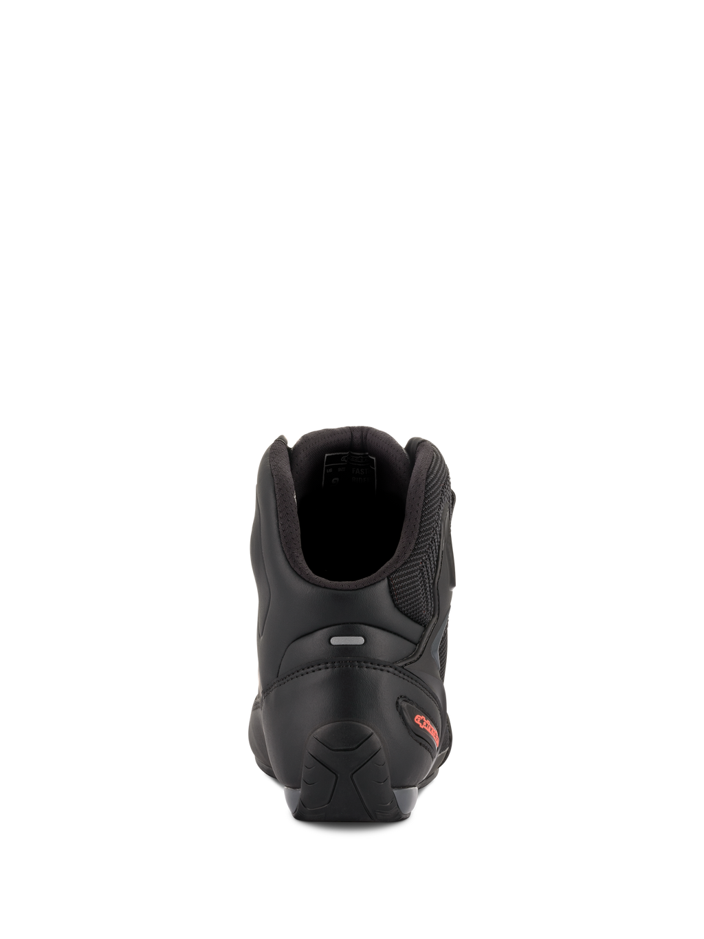 Scarpe Alpinestars Faster-3 Rideknit®, scarpe da moto, nero e rosso fluo, vista posteriore che mette in risalto il contrafforte del tallone in TPR, il colletto imbottito e il dettaglio del logo rosso sul tallone.