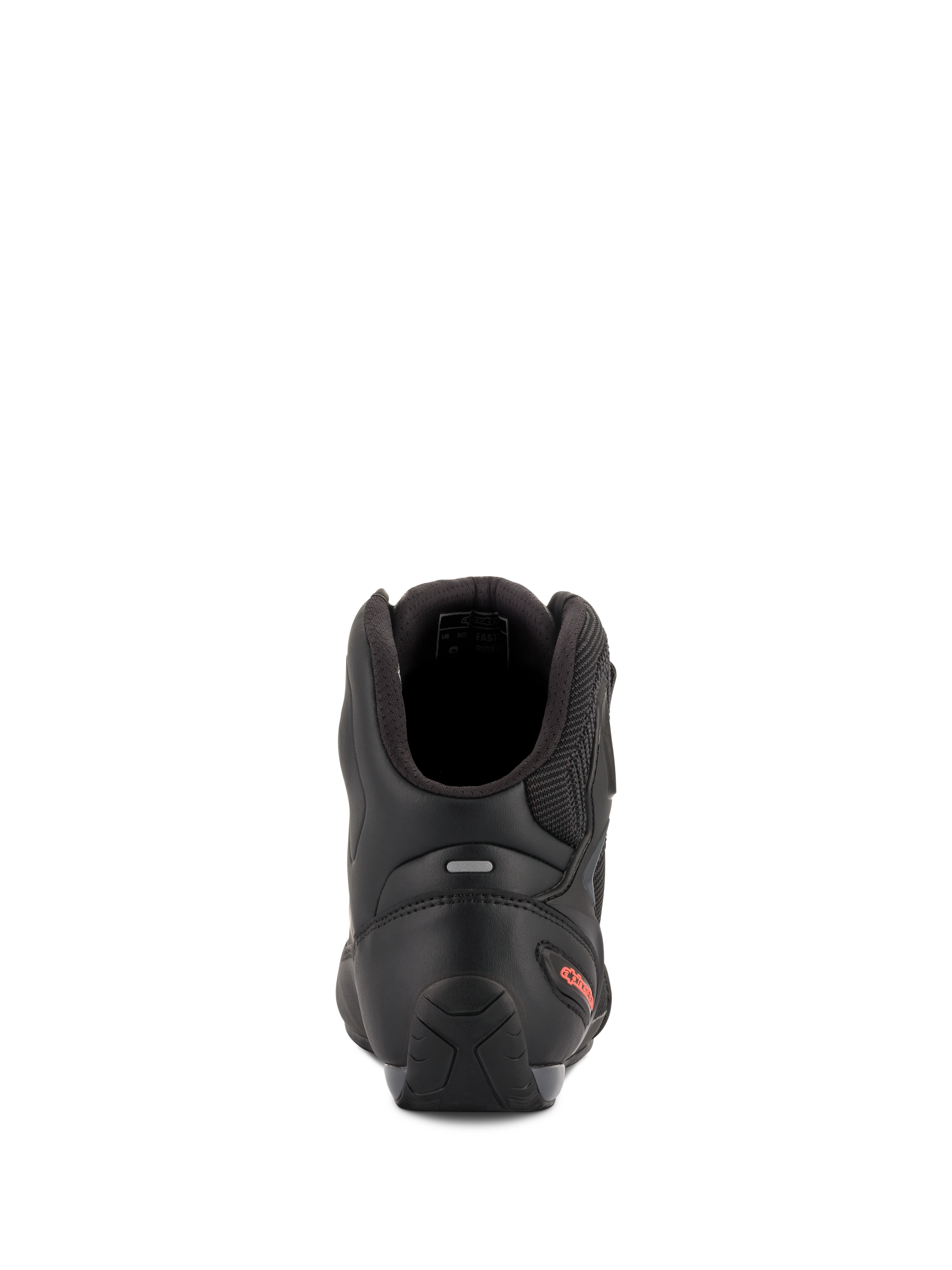 Scarpe Alpinestars Faster-3 Rideknit®, scarpe da moto, nero e rosso fluo, vista posteriore che mette in risalto il contrafforte del tallone in TPR, il colletto imbottito e il dettaglio del logo rosso sul tallone.