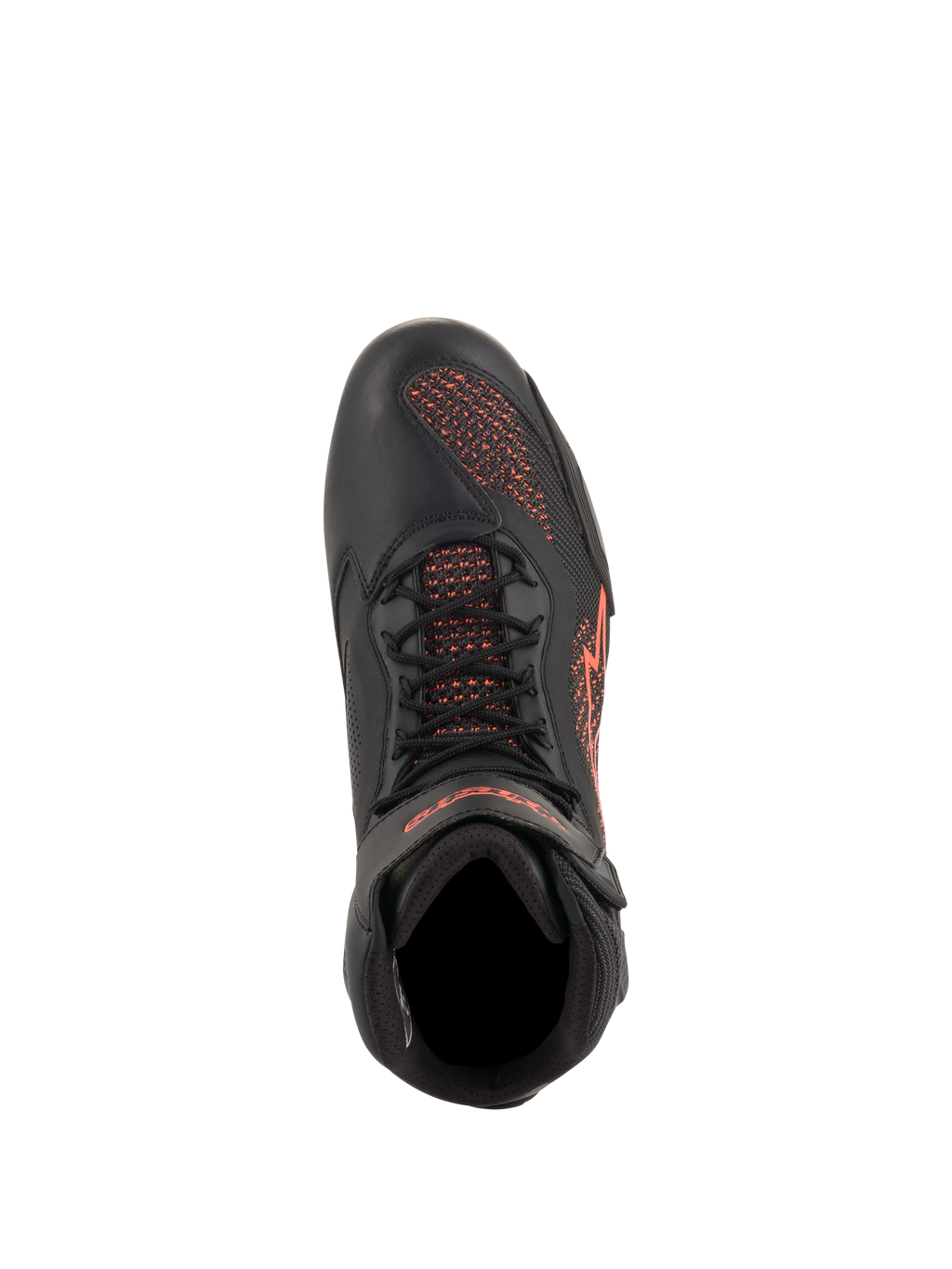 Scarpe Alpinestars Faster-3 Rideknit®, scarpe da moto, nero e rosso fluorescente, vista dall'alto, con pannelli in maglia traspirante e struttura in microfibra con dettagli del logo rossi