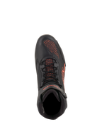 Scarpe Alpinestars Faster-3 Rideknit®, scarpe da moto, nero e rosso fluorescente, vista dall'alto, con pannelli in maglia traspirante e struttura in microfibra con dettagli del logo rossi