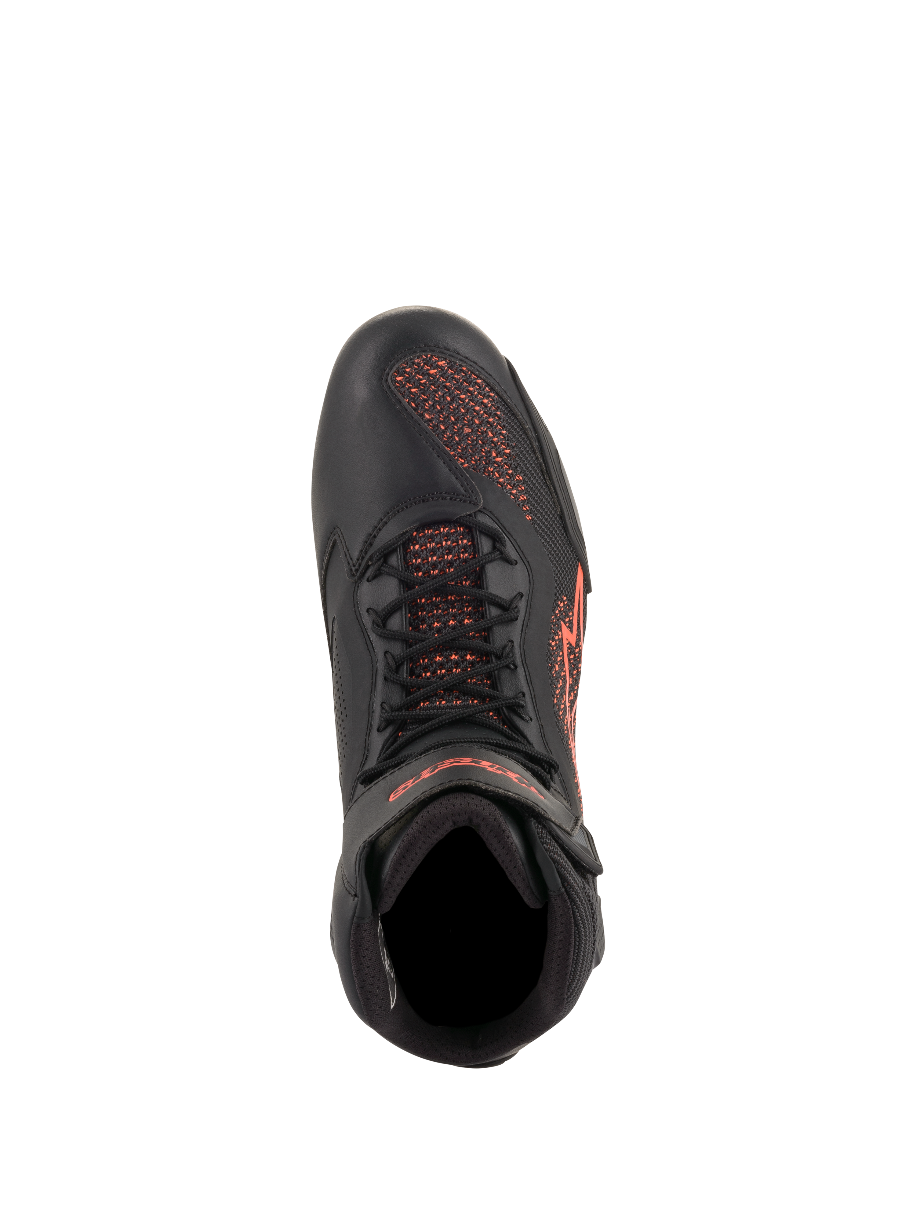 Scarpe Alpinestars Faster-3 Rideknit®, scarpe da moto, nero e rosso fluorescente, vista dall'alto, con pannelli in maglia traspirante e struttura in microfibra con dettagli del logo rossi