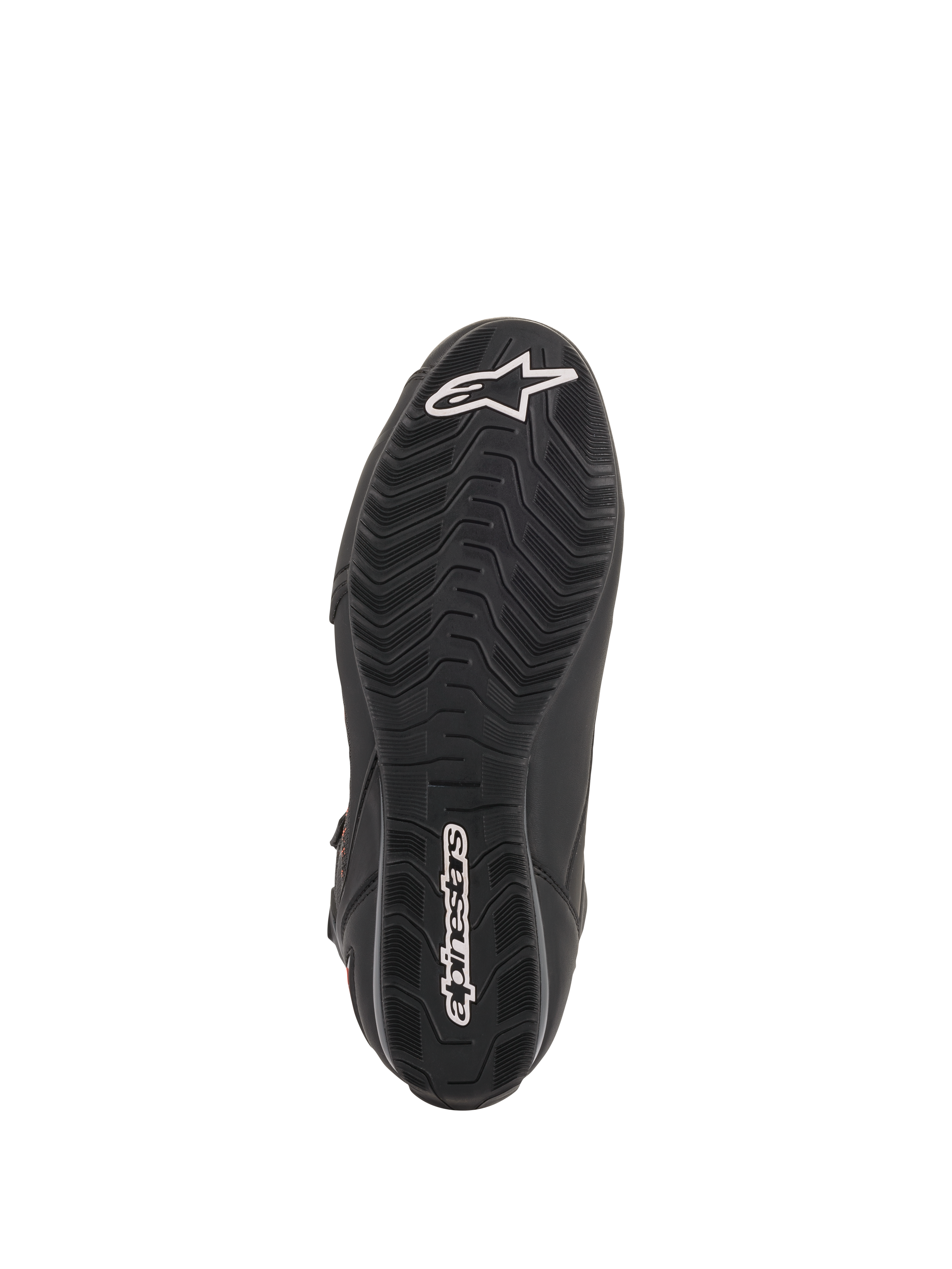 Alpinestars Faster-3 Rideknit® Shoes, scarpe da moto nere, vista della suola con trama antiscivolo e loghi Alpinestars bianchi su punta e tallone