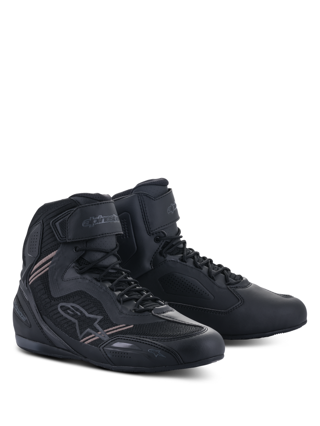Alpinestars Faster-3 Rideknit® Shoes, scarpe da moto, nero nero, con tomaia leggera in microfibra e mesh, chiusura con lacci e cinturino a strappo sulla caviglia e design aerodinamico da corsa su strada.