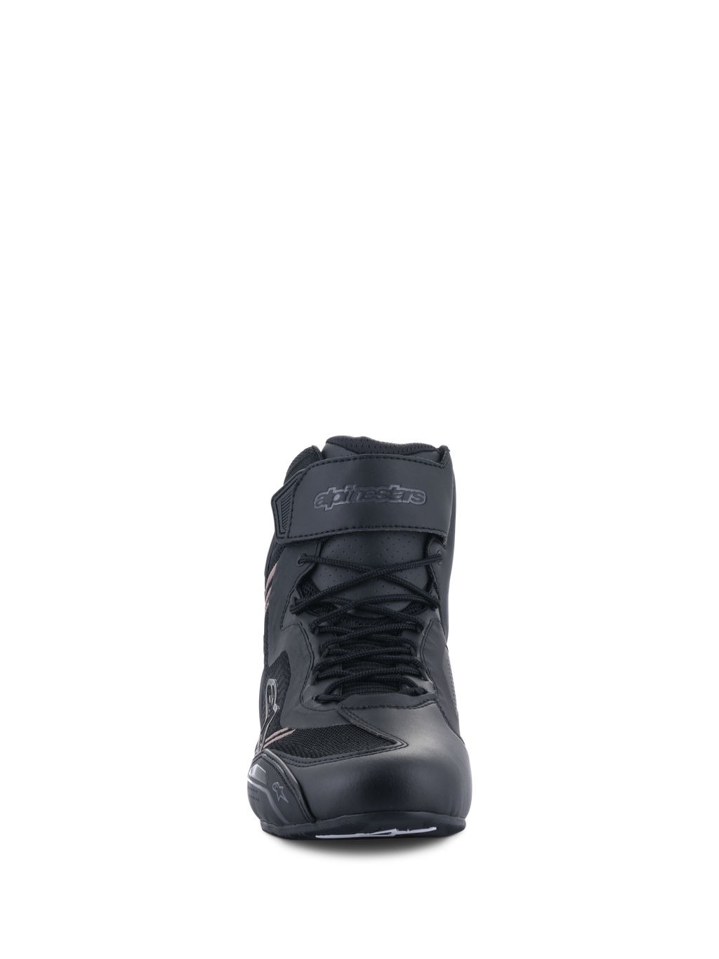 Scarpe Alpinestars Faster-3 Rideknit®, scarpe da moto, nero, vista frontale con lacci e cinturino alla caviglia in velcro, struttura leggera in microfibra e mesh