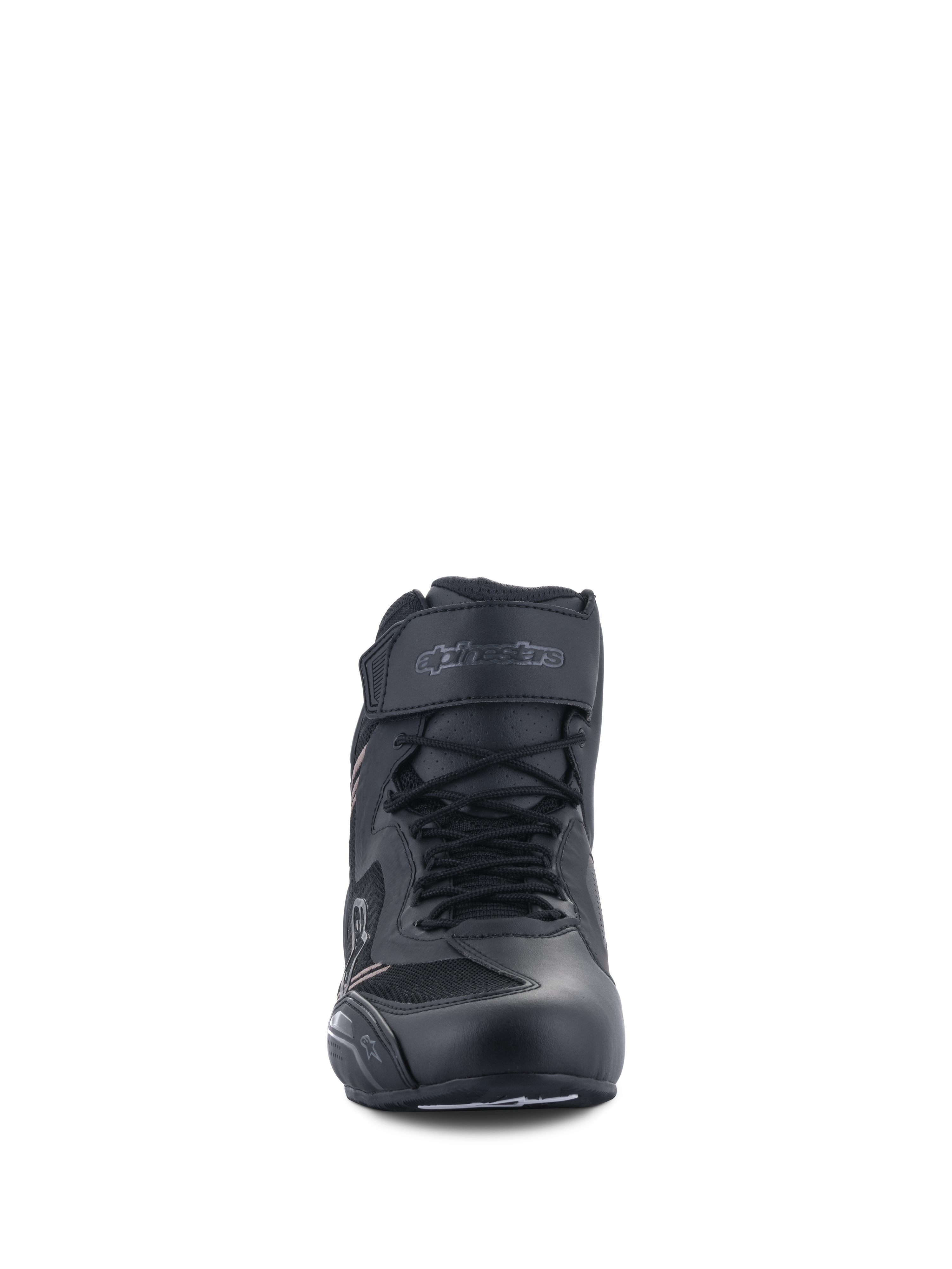 Scarpe Alpinestars Faster-3 Rideknit®, scarpe da moto, nero, vista frontale con lacci e cinturino alla caviglia in velcro, struttura leggera in microfibra e mesh