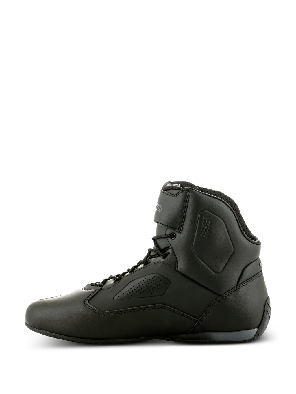 Alpinestars Faster-3 Rideknit® Shoes, scarpe da moto nero, vista di profilo, tomaia in microfibra con pannelli traforati, design a collo alto con chiusura a lacci e cinturino sulla caviglia, calzature racing stradali