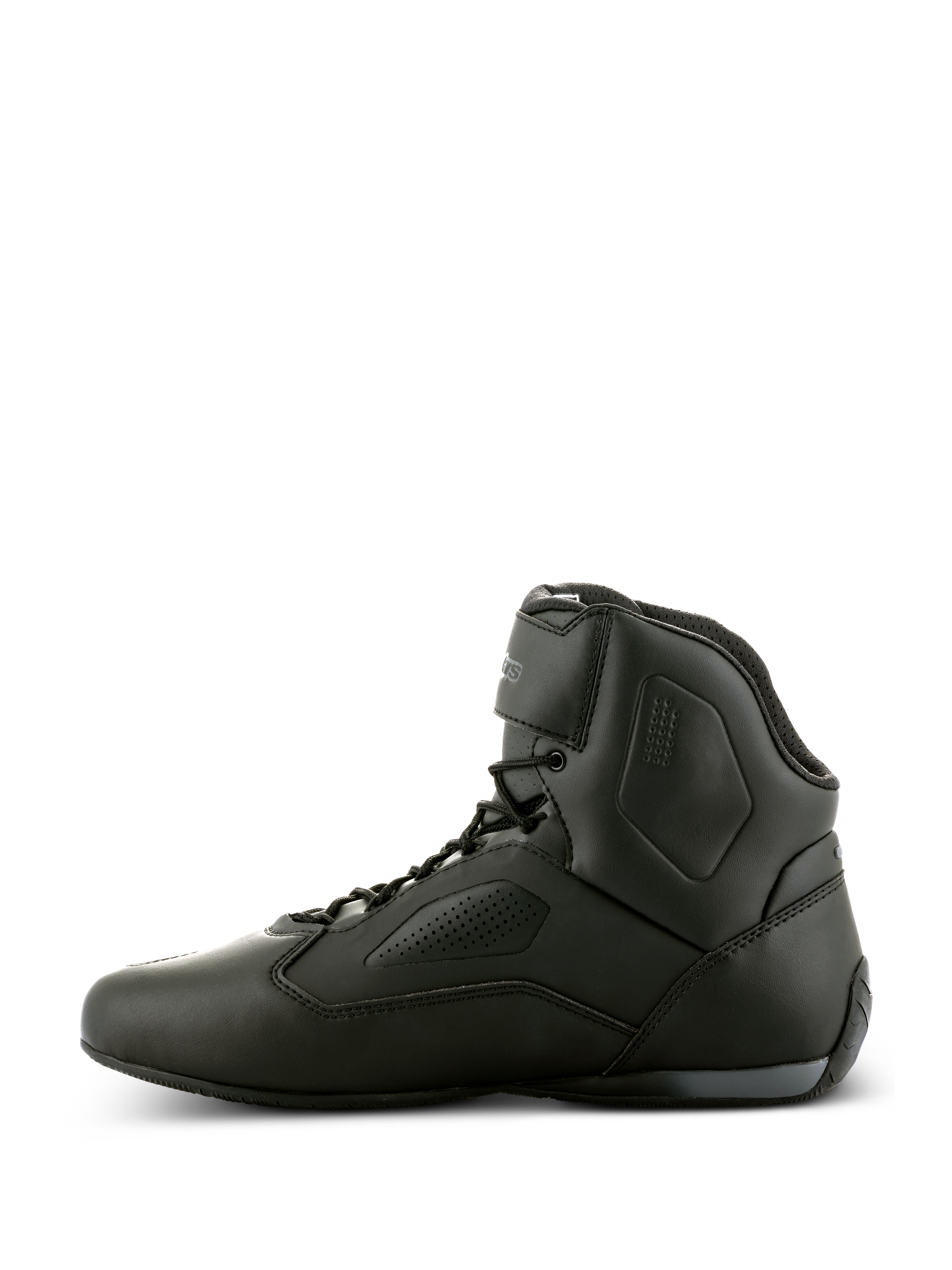 Alpinestars Faster-3 Rideknit® Shoes, scarpe da moto nero, vista di profilo, tomaia in microfibra con pannelli traforati, design a collo alto con chiusura a lacci e cinturino sulla caviglia, calzature racing stradali