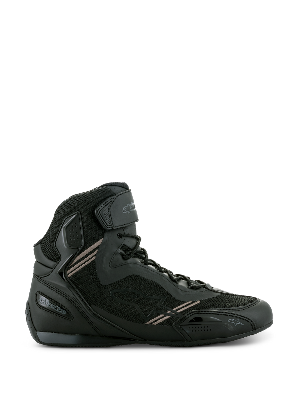 Alpinestars Faster-3 Rideknit® Shoes, sneakers da moto nere, struttura in microfibra leggera e mesh traspirante, chiusura con lacci e cinturino in velcro sulla caviglia, design protettivo alto per guida urbana su strada