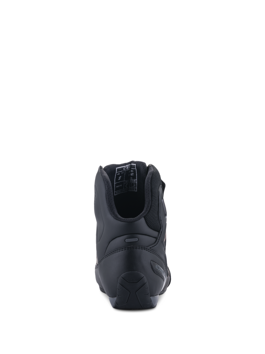 Scarpe Alpinestars Faster-3 Rideknit®, vista posteriore, colore nero, con contrafforte del tallone in TPR per il supporto laterale, tomaia in microfibra con fodera in mesh traspirante, calzature tecniche da moto per uso stradale